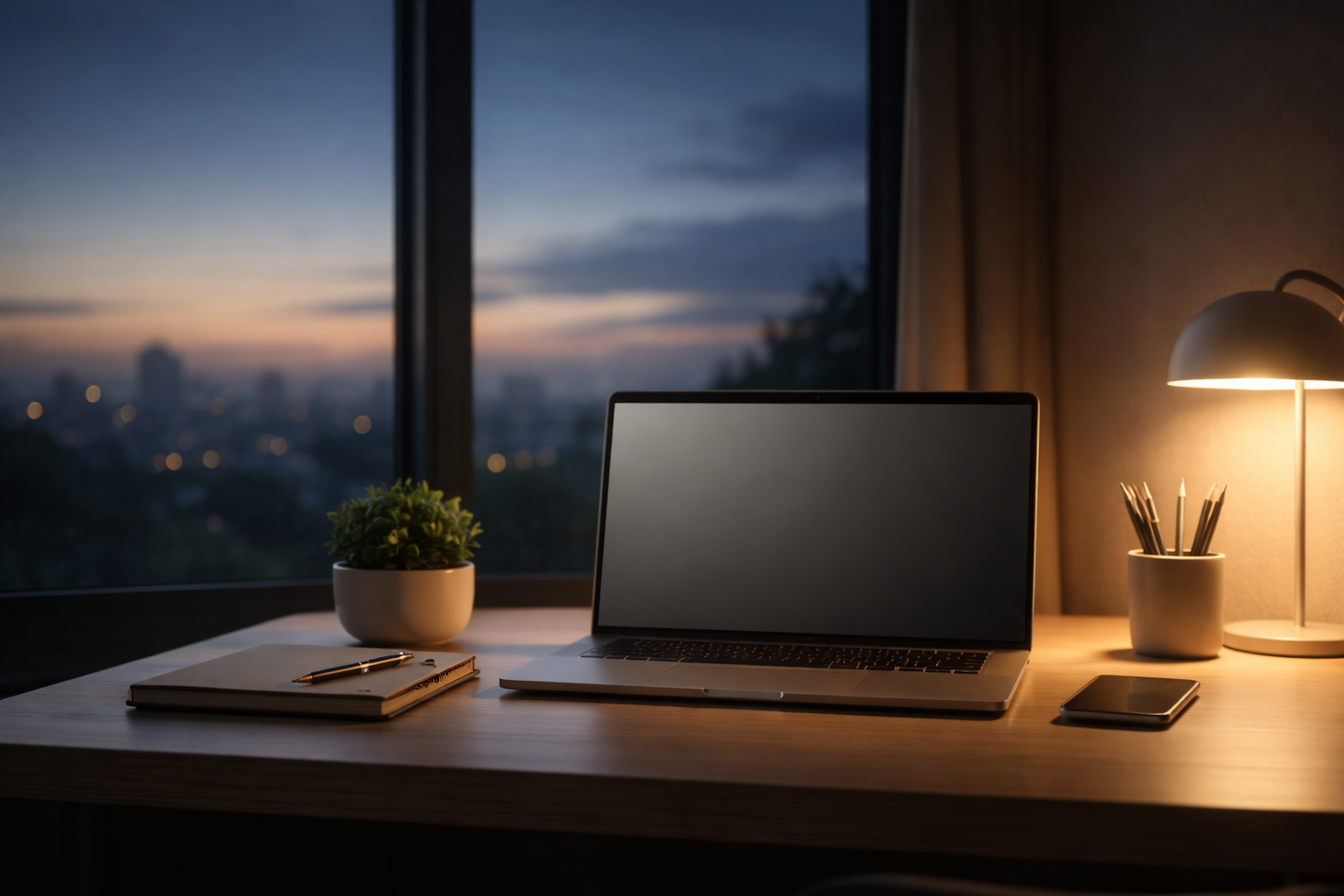 A modern desk setup with a laptop, a closed notebook with a pen, a smartphone, a potted plant, and a desk lamp on a wooden desk near a window showing a cityscape at dusk.
