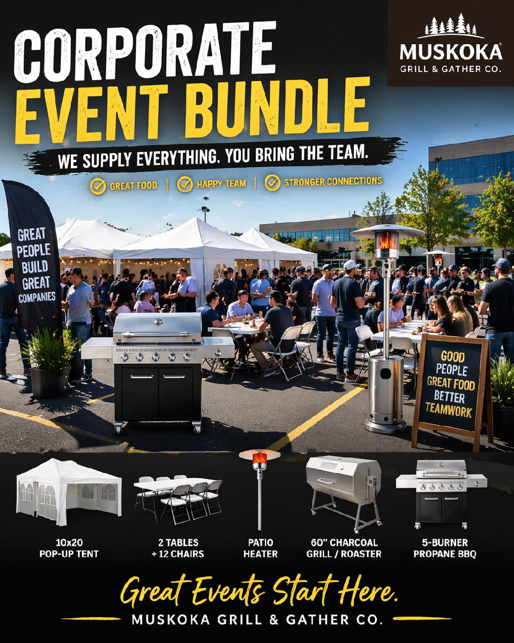 Muskoka Grill & Gather Co. Corporate event bundle, showing a large outdoor gathering with tents, tables, and grilling equipment, emphasizing great food, happy team, and strong connections.