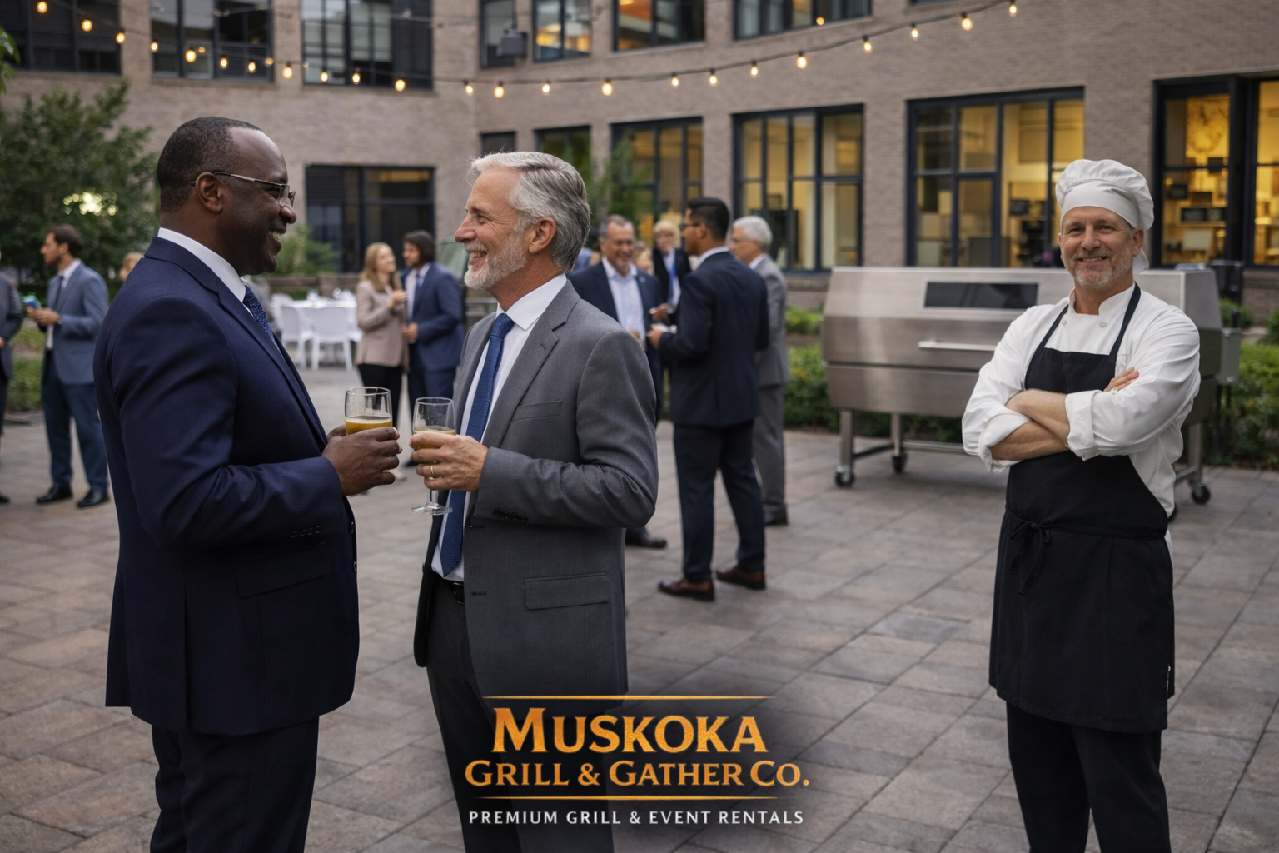 Two businessmen in suits having a conversation, holding drinks, at an outdoor corporate event. A chef stands nearby with arms crossed, smiling. In the background, other guests are mingling, and a grill setup is visible. The scene takes place in a modern outdoor patio area.