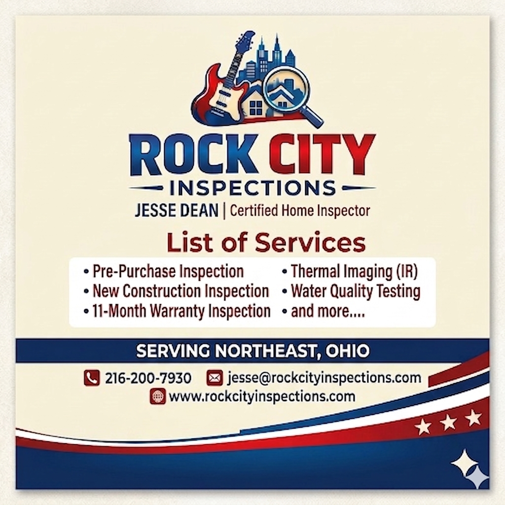 A business card for Rock City Inspections, a home inspection service in Northeast Ohio. It features a logo with a guitar, a cityscape, and a magnifying glass. Services listed include pre-purchase inspection, new construction inspection, 11-month warranty inspection, thermal imaging, water quality testing, and more. Contact information includes a phone number, email, and website.