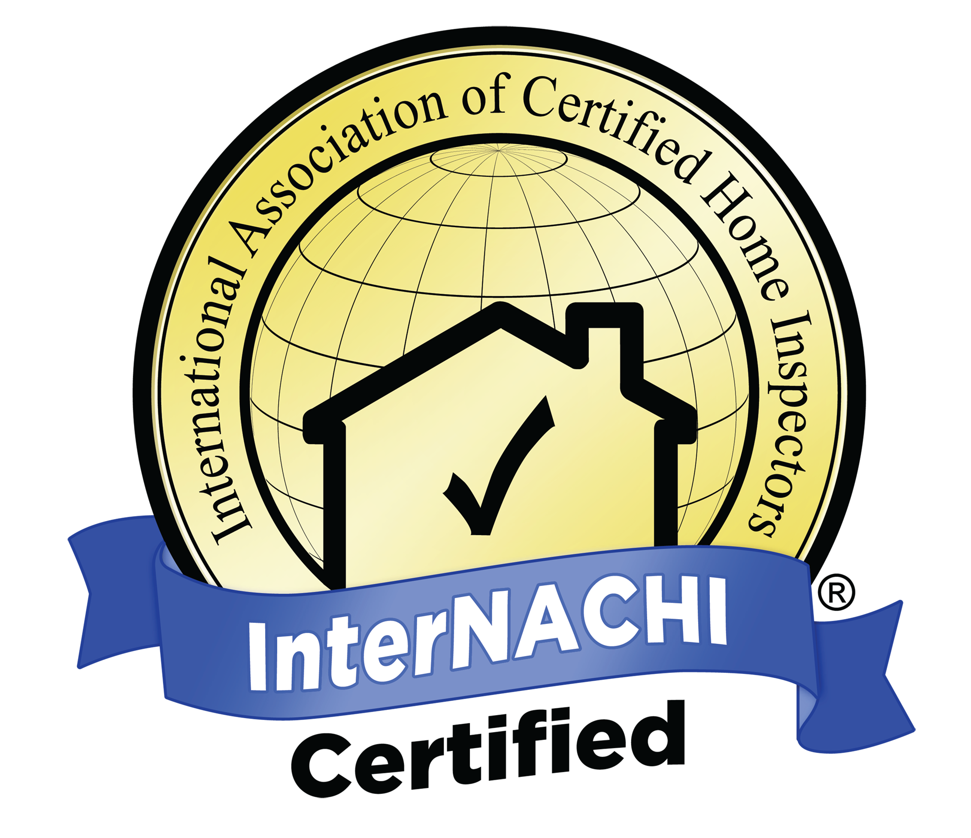 Seal of Internachi, International Association of Certified Home Inspectors, with a globe background and a checkmark symbol, and a blue ribbon with the word 'INTERNACHI' on it.