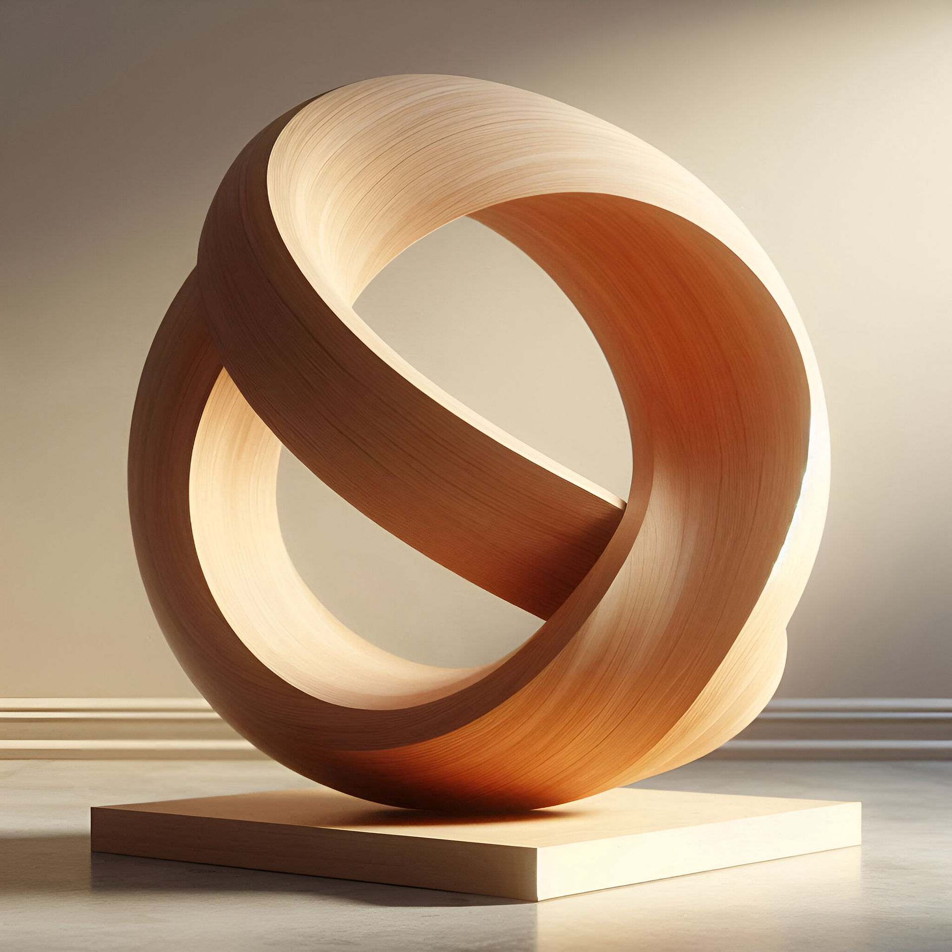 A modern wooden sculpture resembling an impossible Möbius strip, placed on a square base, with soft lighting highlighting its curves.