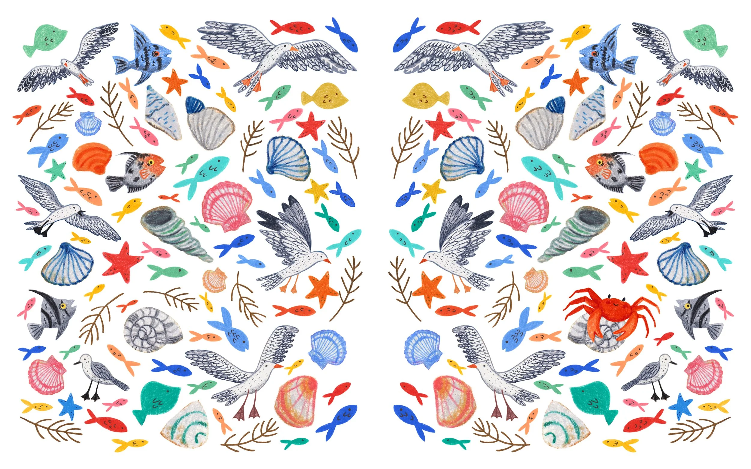 Patterned endpapers for a children's story book seaside themed