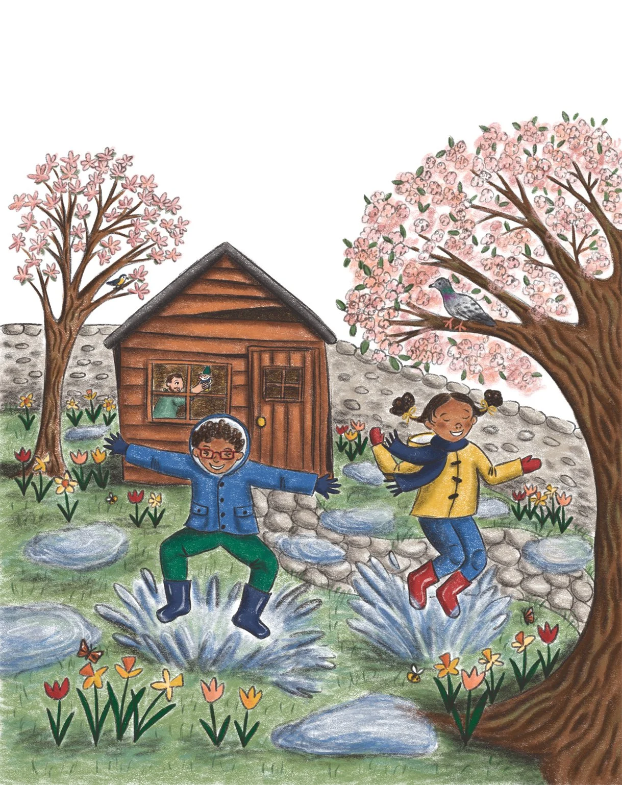 kids jumping in puddles spring garden picture book illustration.jpg