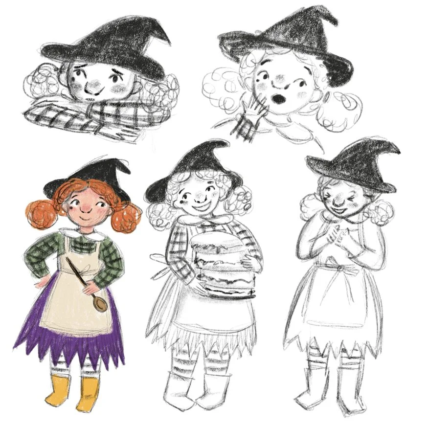 Character design for a children's story book about a young witch who loves to bake