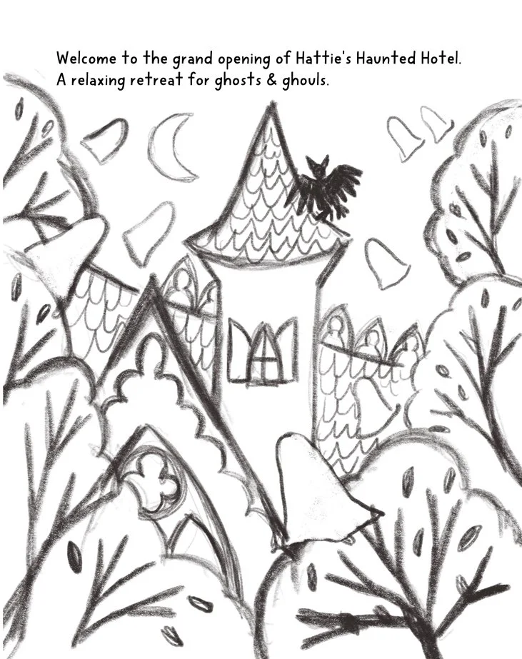 Black and white thumbnail rough sketch for picture book