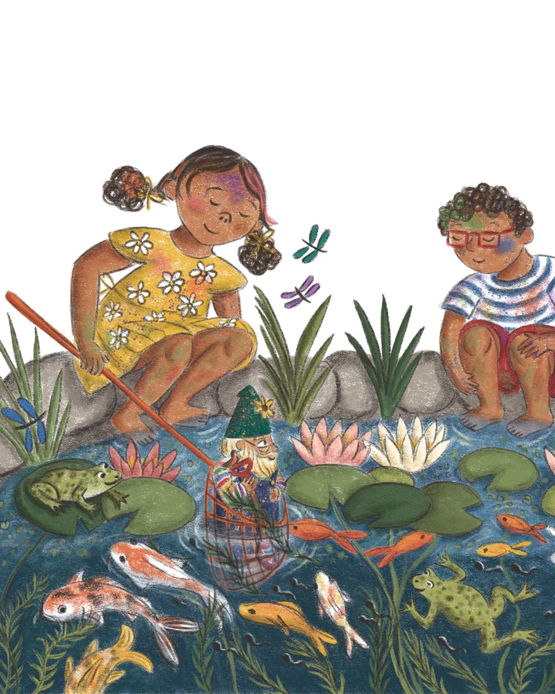 Picture book illustration from the book The Gnome with No Name. Two children playing by a pond.