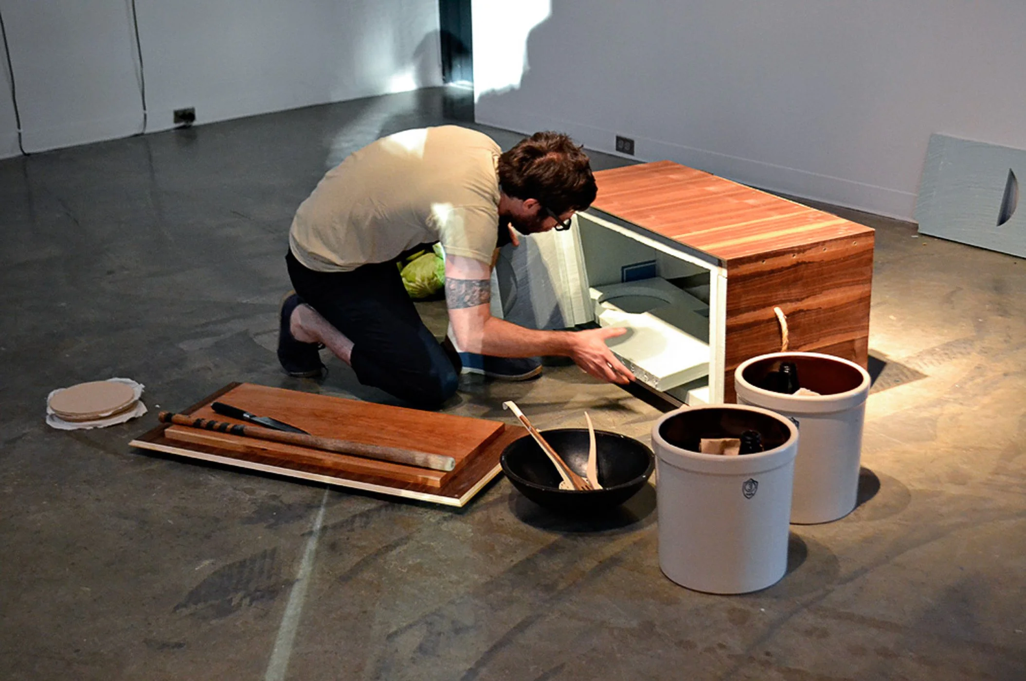 GIVE ME LIBERTY OR GIVE ME DEATH
black walnut and east indian rosewood shipping crate, organic cabbage, minerals,
all necessary equipment for making sauerkraut 2011