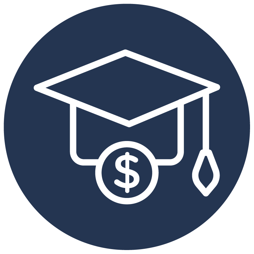 Icon of a graduation cap with a dollar sign coin in front of it, symbolizing education funding or student financial aid.