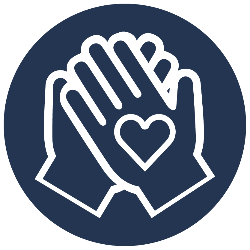 Icon of two hands clapping with a heart in the center, on a dark blue circular background.