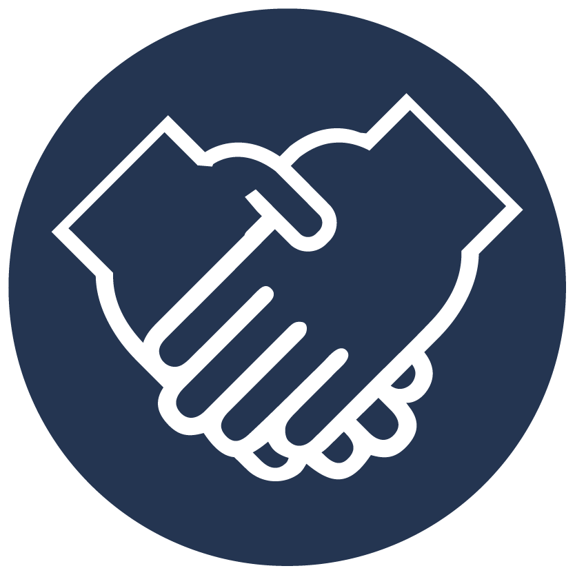 Outline icon of two hands shaking, representing agreement or partnership, inside a dark blue circle.