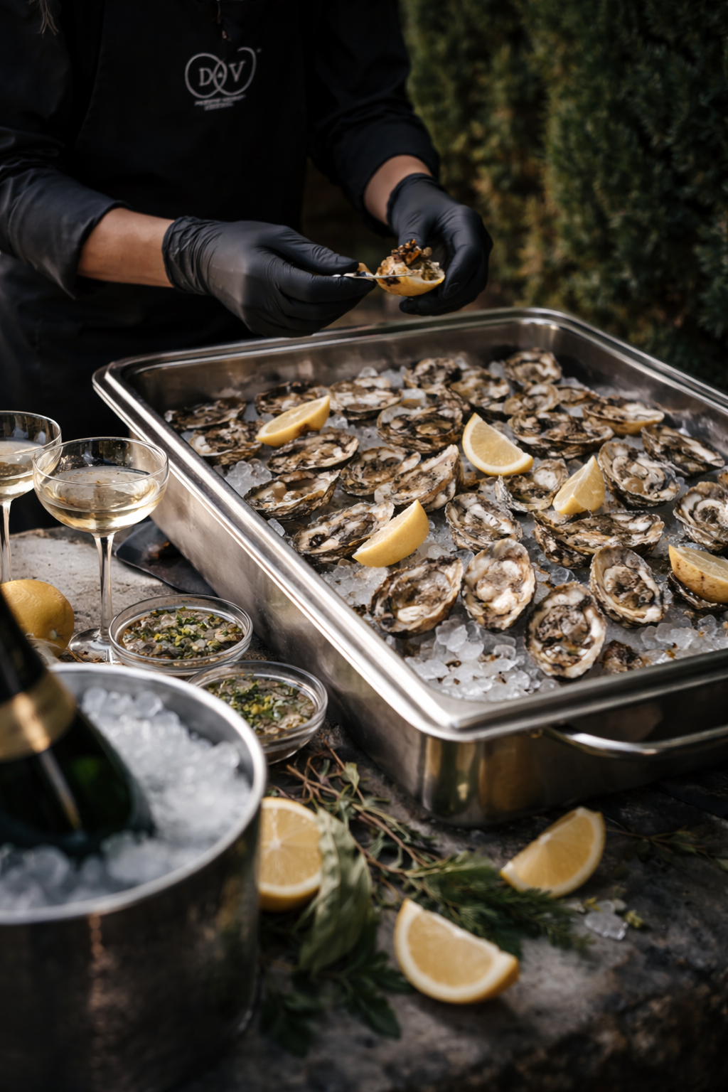 Frische Austern auf einem Serviertablett mit Zitrone und Champagner – luxuriöses Catering bei einer eleganten Hochzeit oder Event.