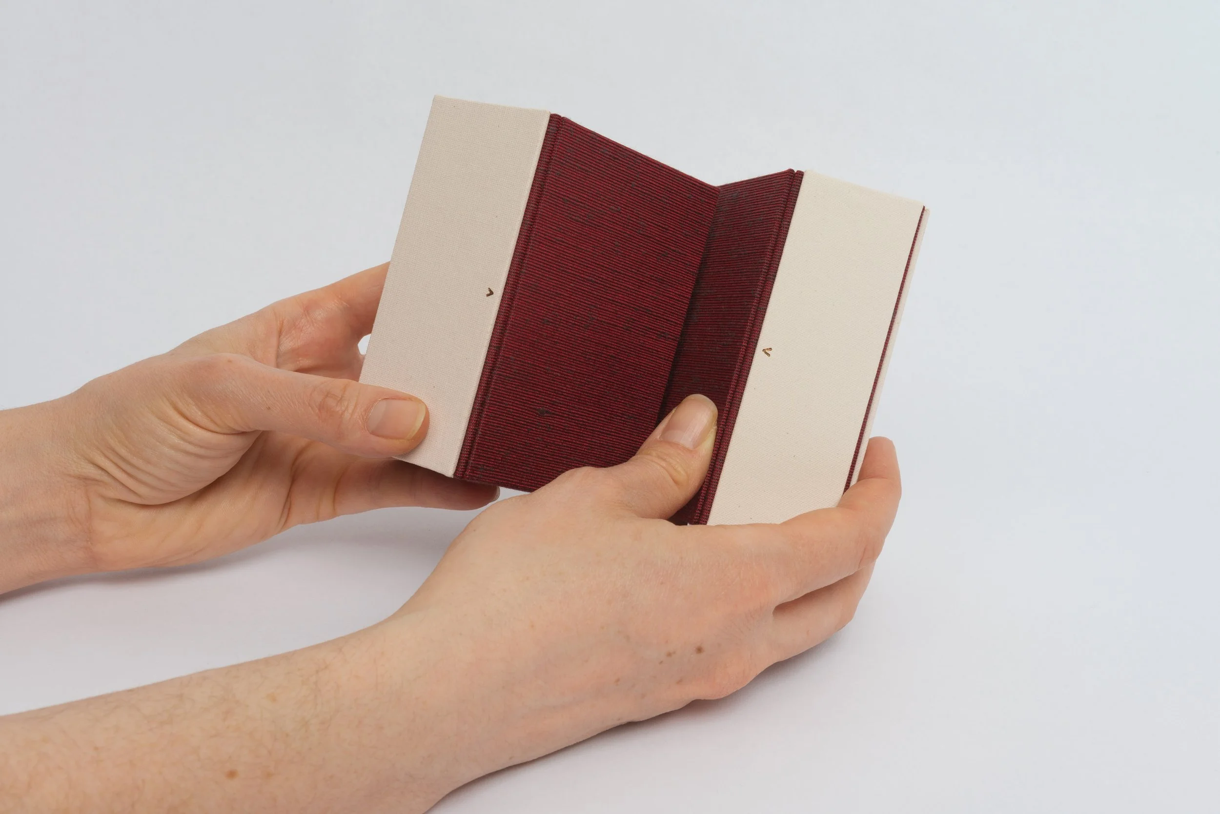 Person holding an open beige and red fabric-covered book or box against a plain white background.