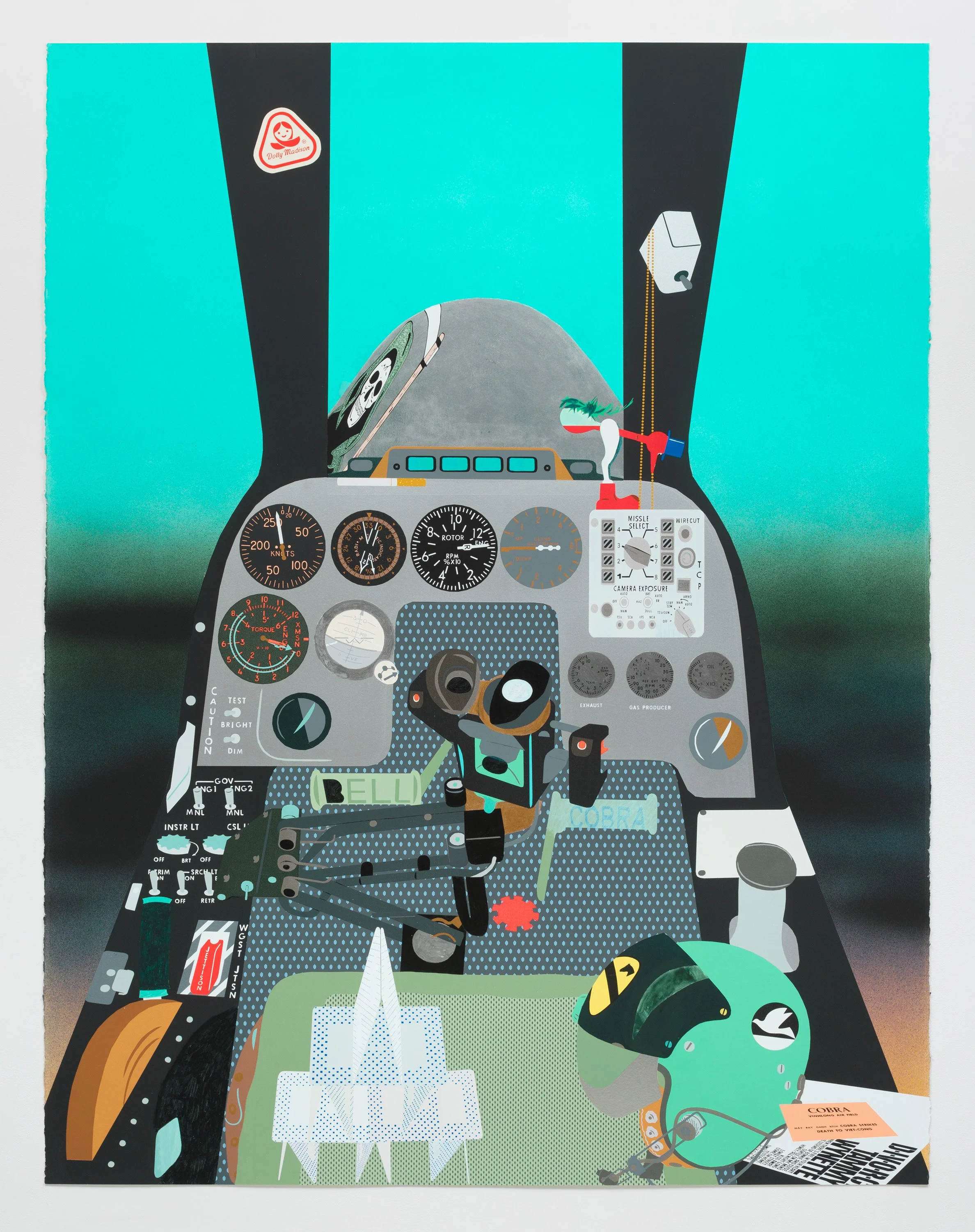 Digital painting of a fighter jet cockpit interior with aircraft instruments, a helmet, and a small model of a jet on a green surface.