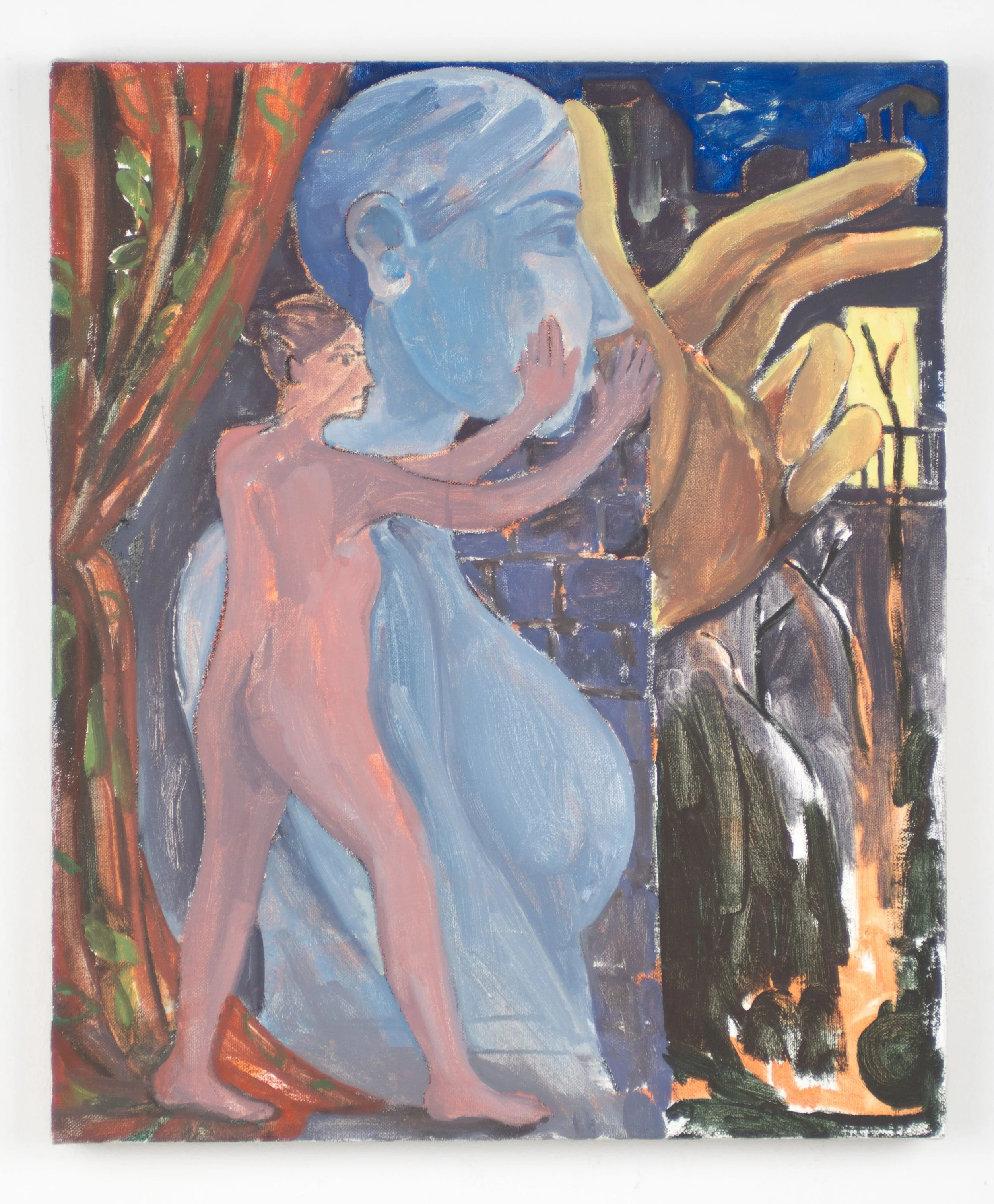 Painting of a nude woman with short hair, sitting and touching a large blue face with closed eyes, against a backdrop of city buildings at sunset.