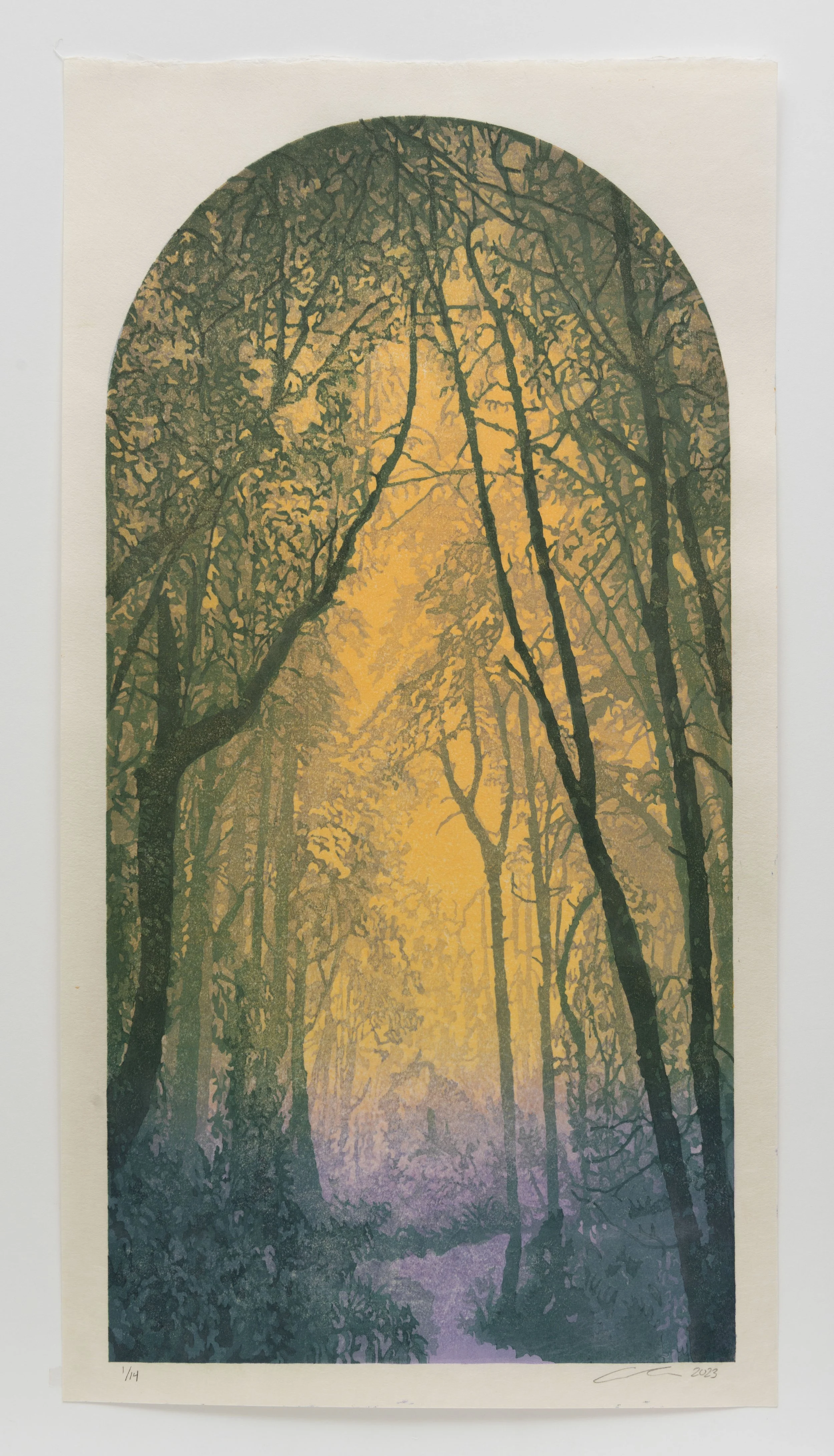 A colorful, artistic depiction of a forest scene with trees and a small stream, viewed through an arched window frame.