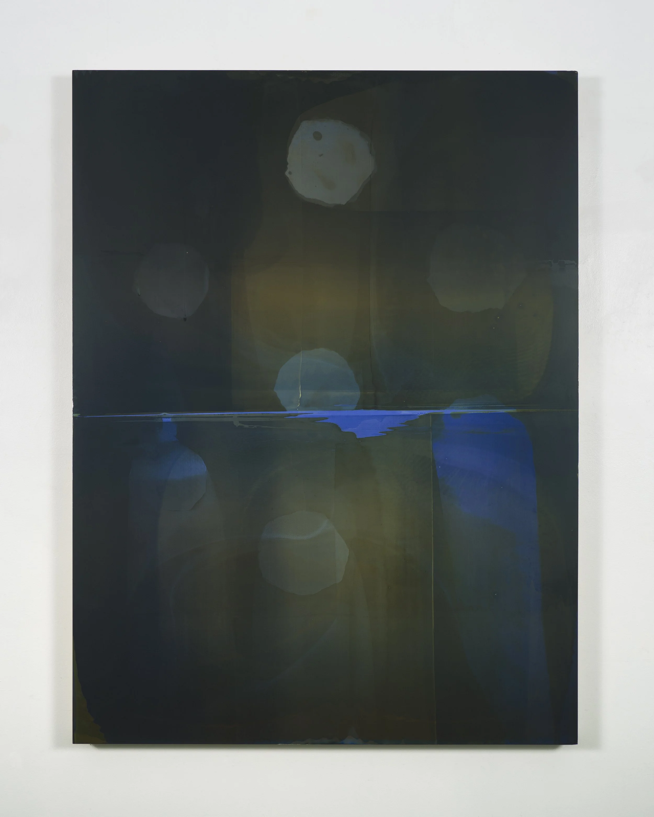 Abstract painting with dark background, circular shapes, and blue accents.