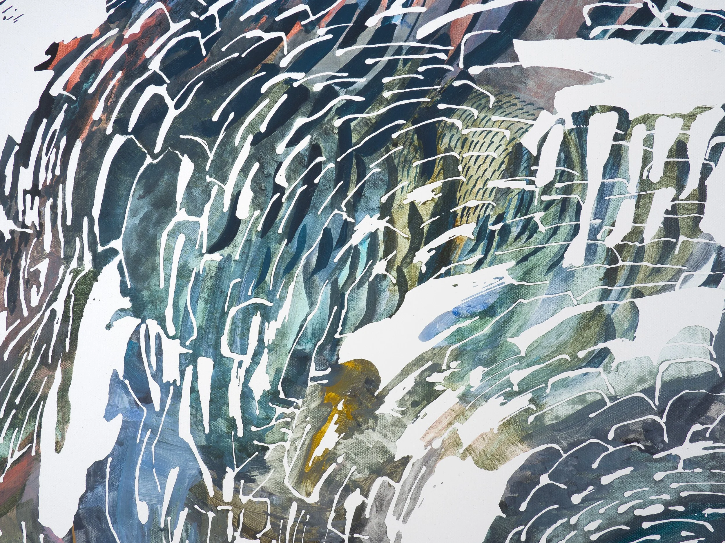 Abstract watercolor painting with various shades of blue, green, brown, and white features wispy brush strokes and white line details.