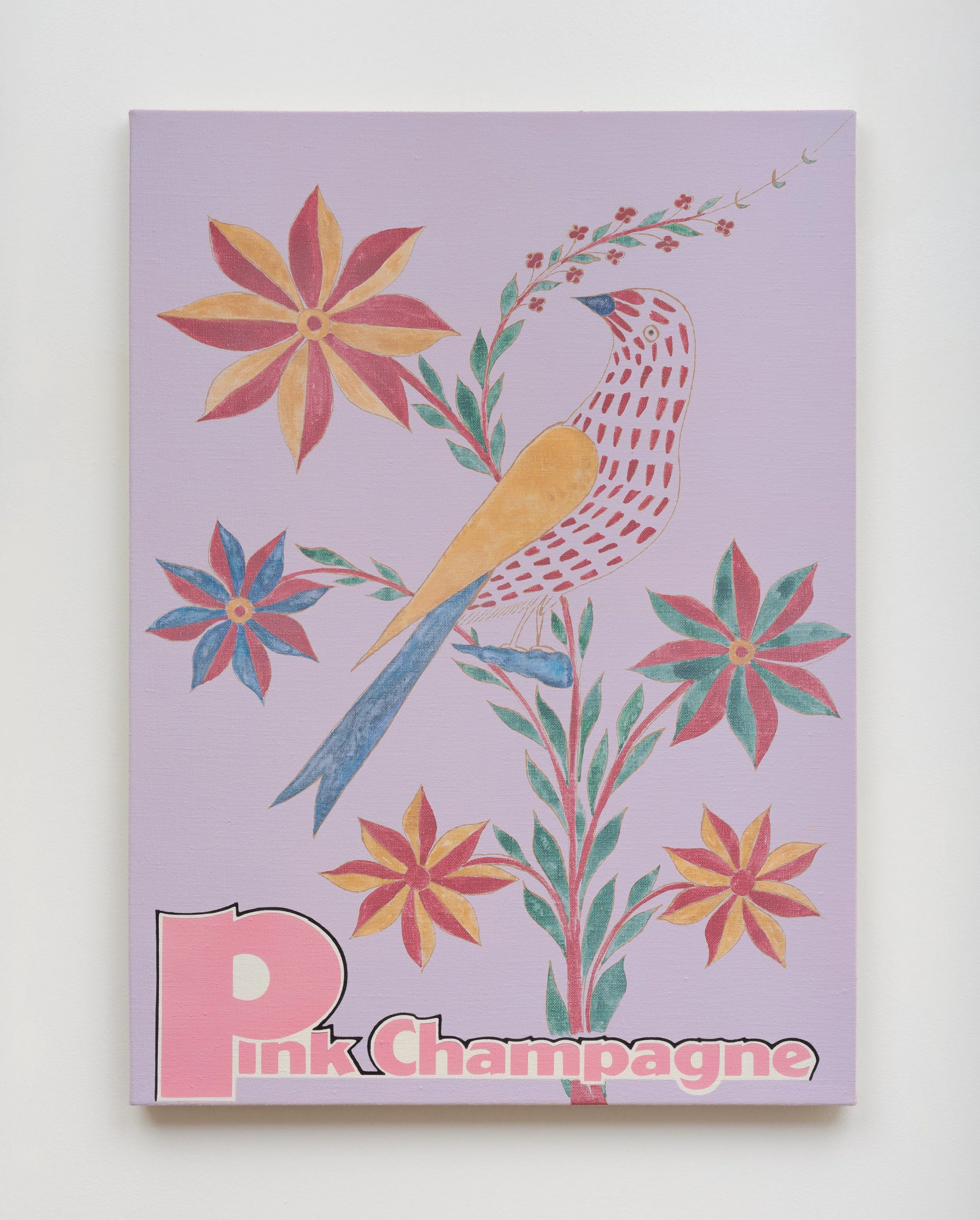 A pastel pink background with a colorful illustration of a bird with a long beak, perched on a floral branch, surrounded by stylized flowers. The text 'Pink Champagne' appears at the bottom in pink and white letters.