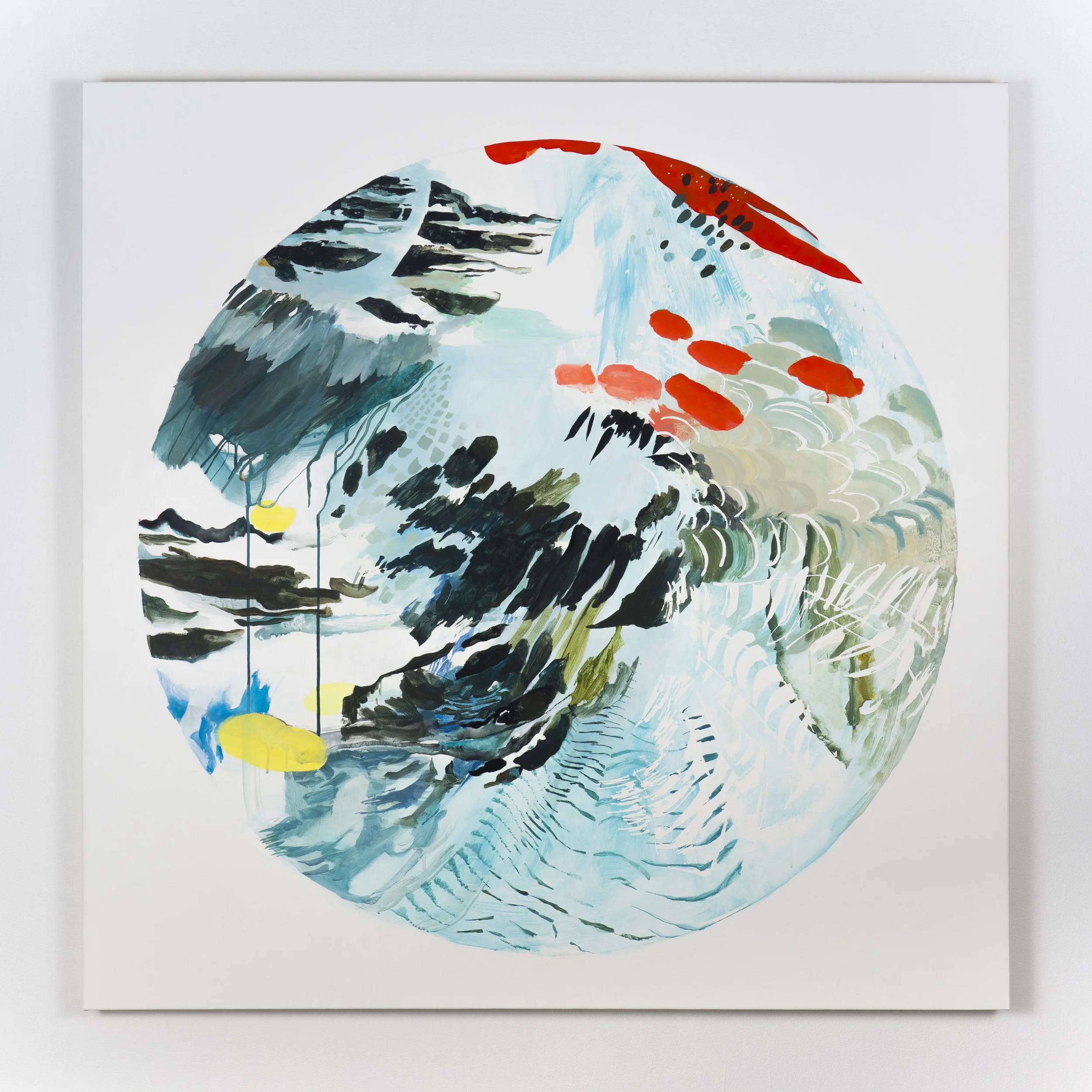 Abstract circular painting with brushstrokes in black, blue, green, red, yellow, and white.