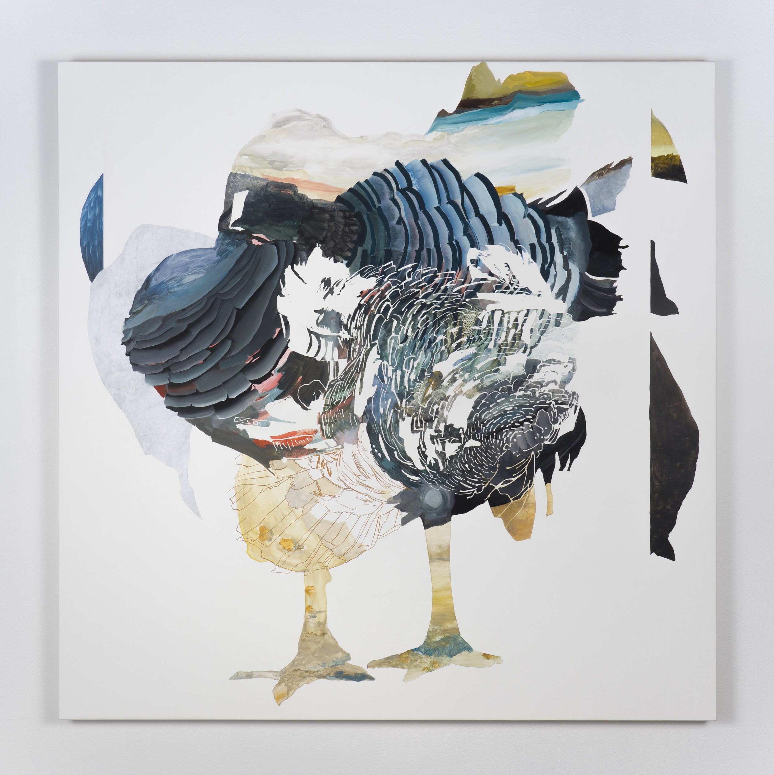 Abstract artwork of a bird composed of various textured and painted segments on a white background.