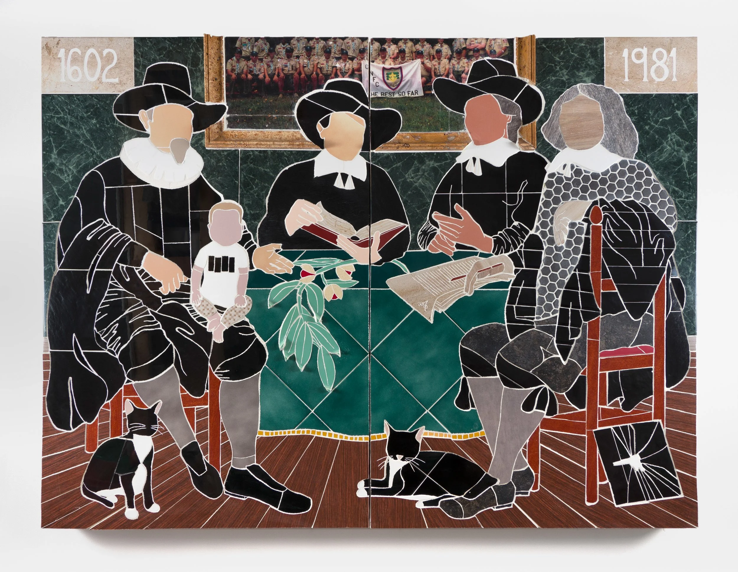 The image depicts a painted mural of the famous painting 'The Last Supper' with a modern twist, featuring characters in black historical attire, two dogs, and a child, with photographs and flags in the background labeled '1602' and '1981'.