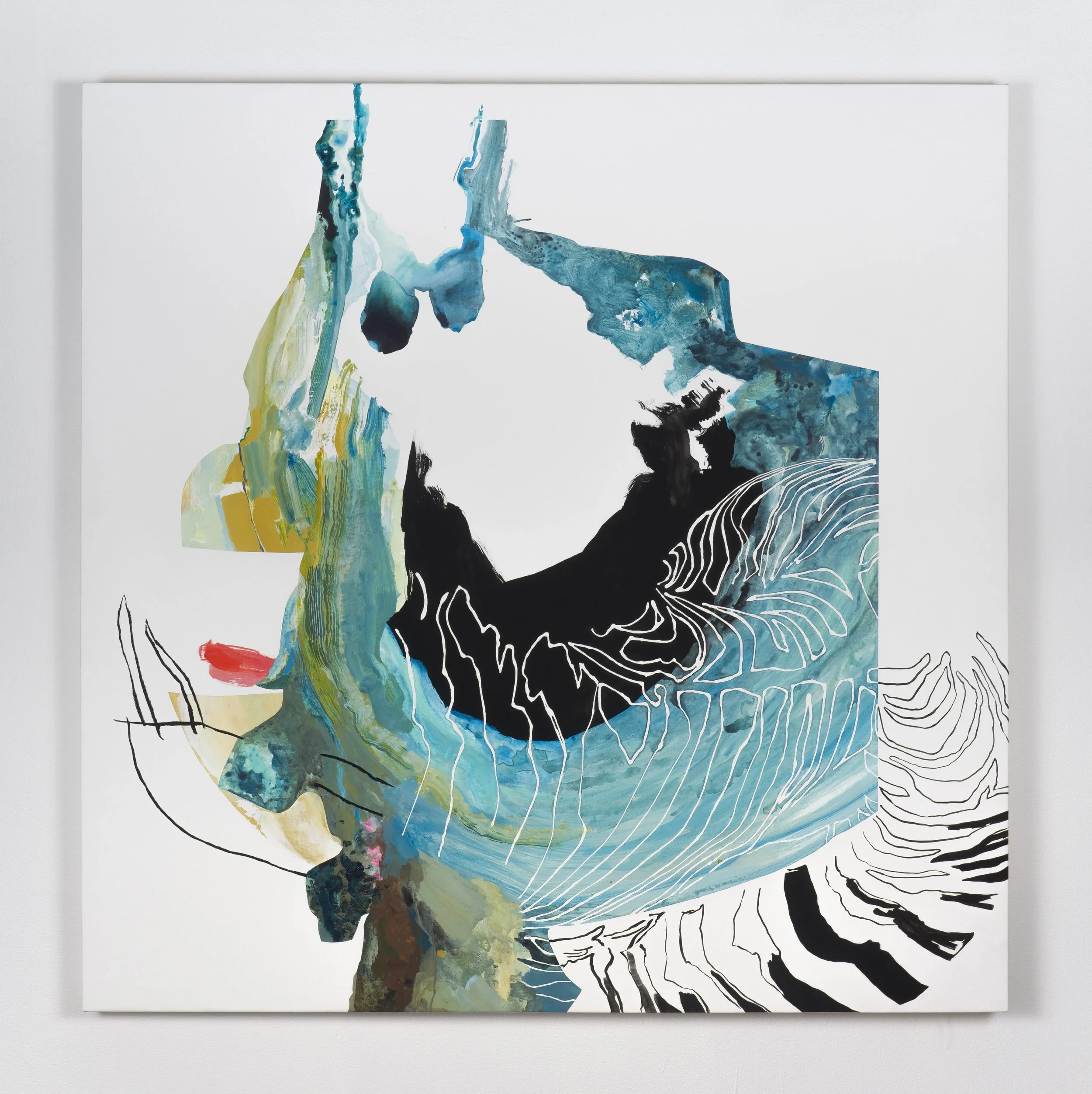 Abstract painting with blue, black, yellow, and white colors and flowing line patterns on a white background.