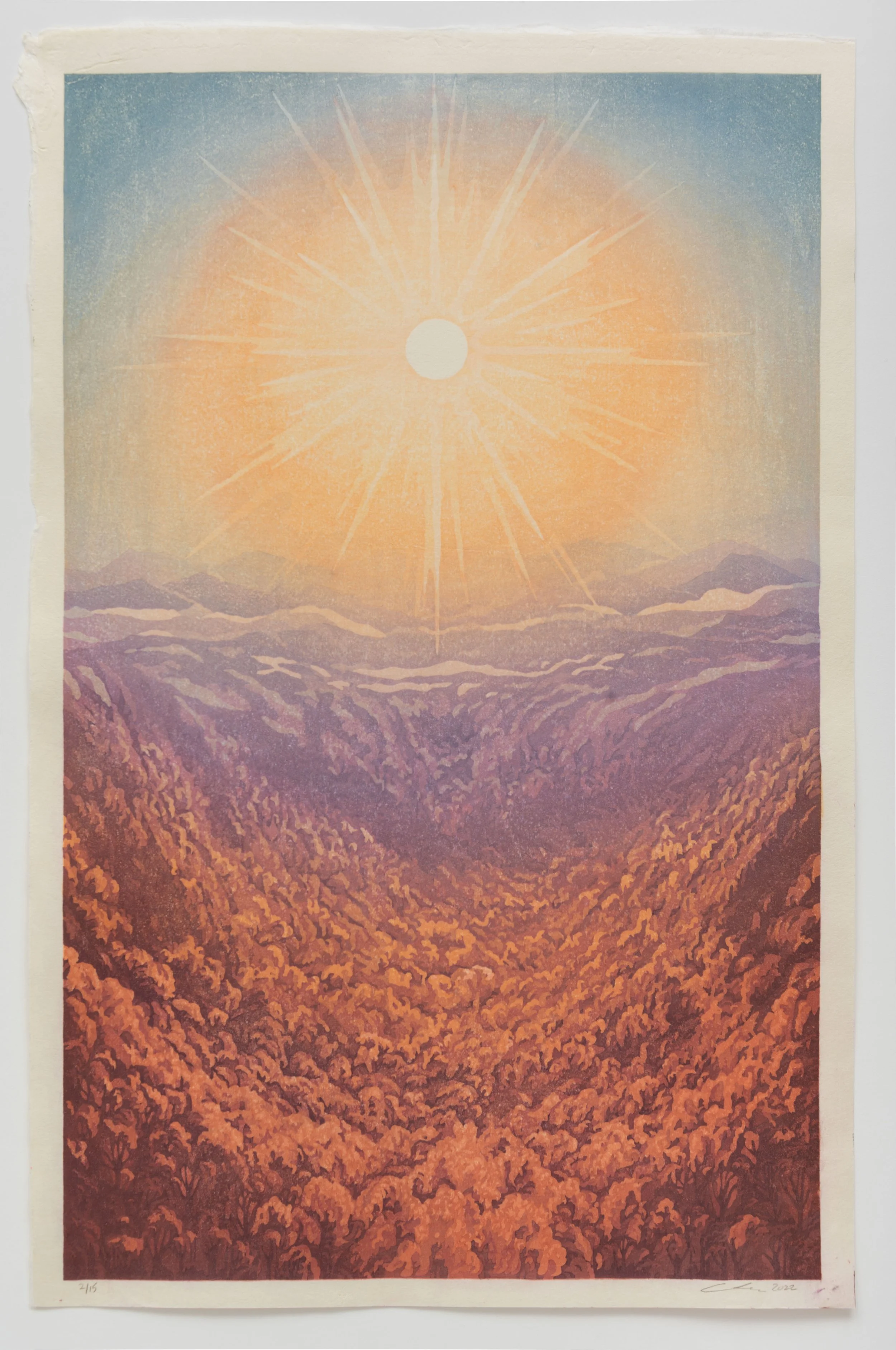 A colorful landscape painting depicting a mountain valley with orange and purple foliage, under a bright sun with rays extending outward in the sky.