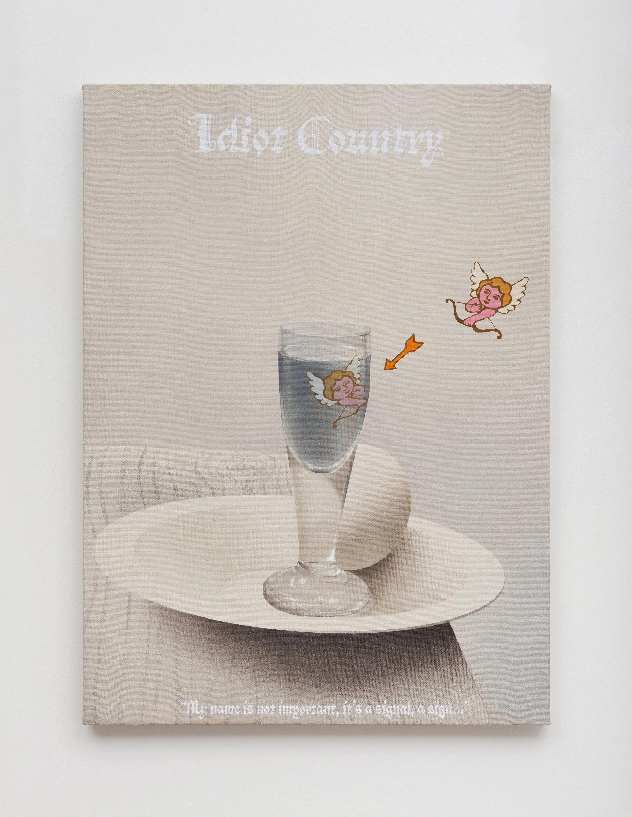 Book cover titled 'Louis County' featuring a glass of water with a sticker of a dancing angel on it and a cartoon angel floating nearby, with the subtitle 'My name is not important, it's a signal, a sign...'