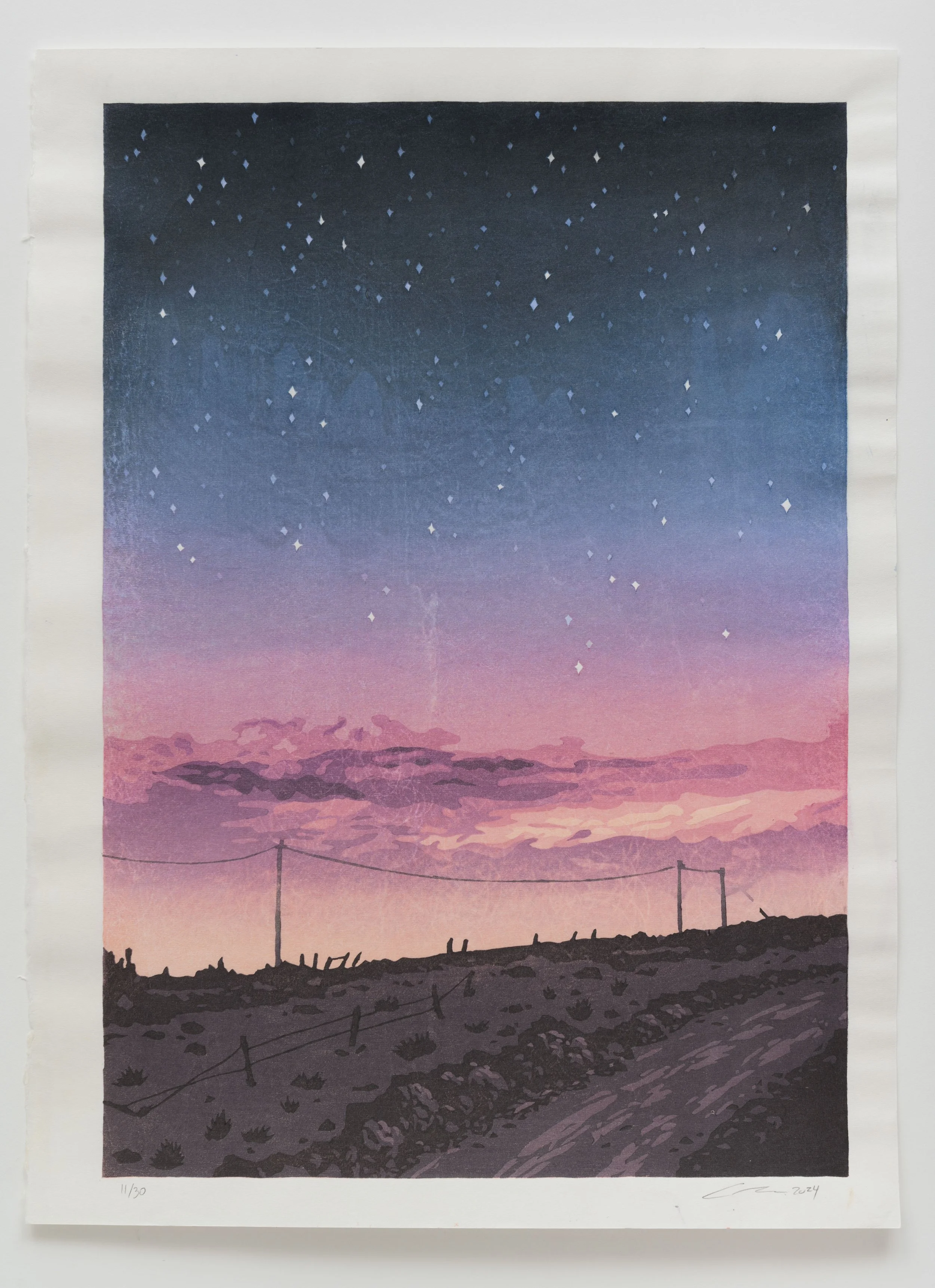 A digital painting of a landscape at dusk with a colorful sky, starry night, rocky terrain, and power lines.