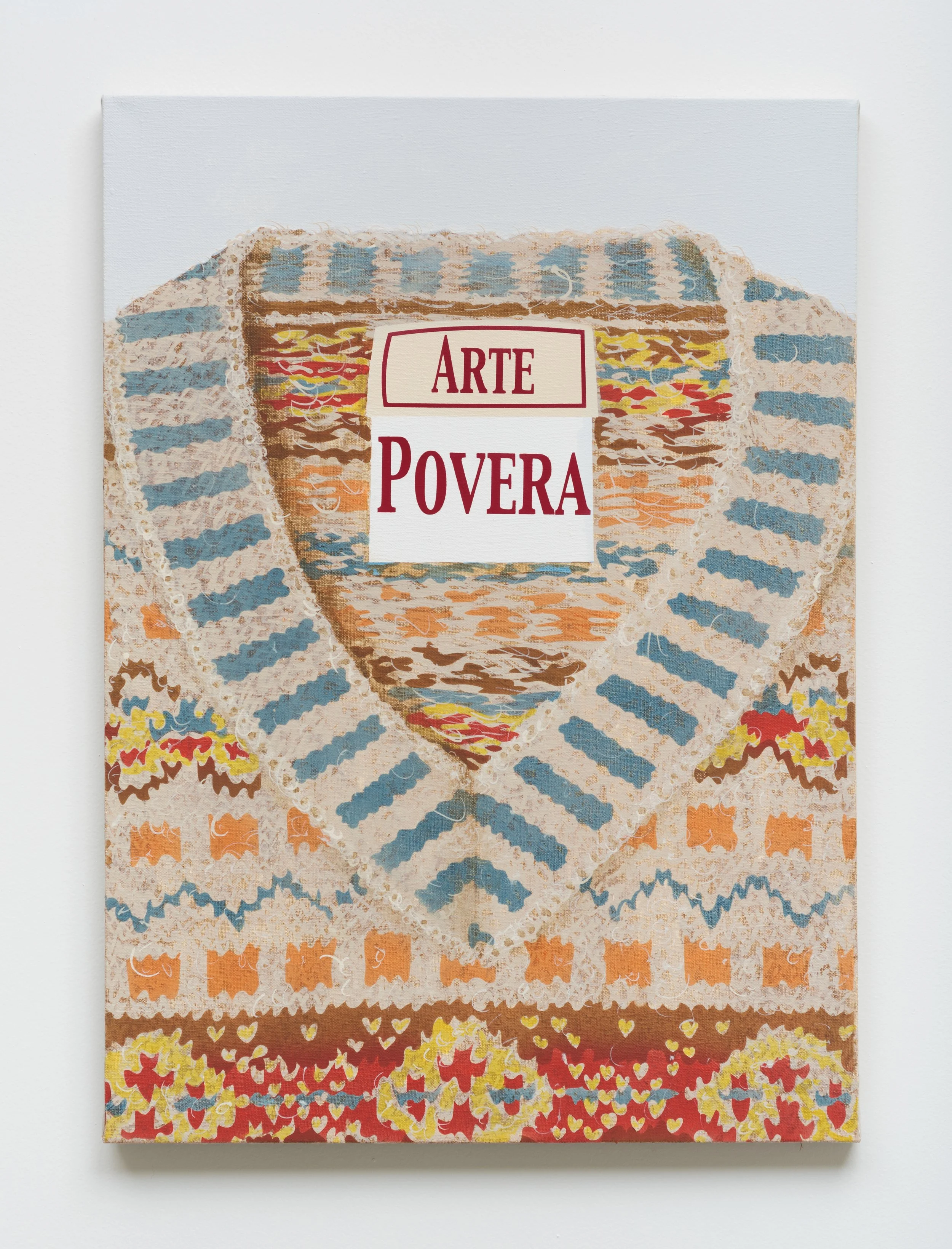 Painting with the words 'Arte Povera' in the center, featuring a textured, colorful abstract background.