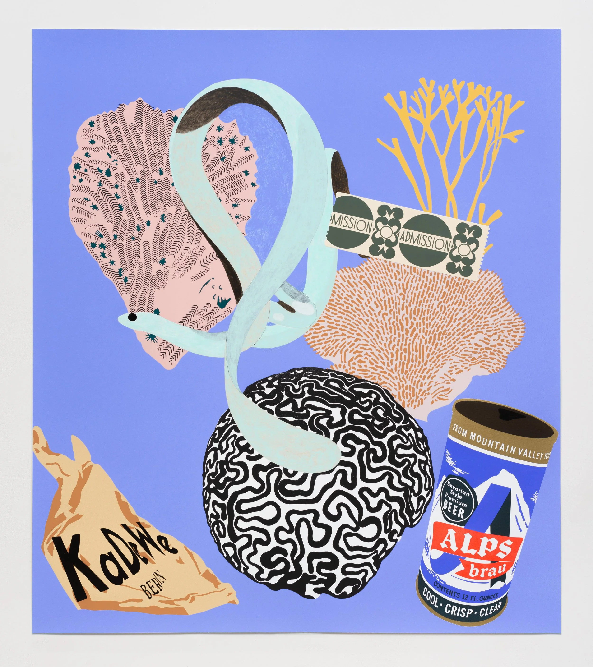 Illustration of a white snake coiled around an agate slice, with various abstract shapes, a mountain landscape on a beer can label, and a mountain featuring a pine tree silhouette. The background is light purple.