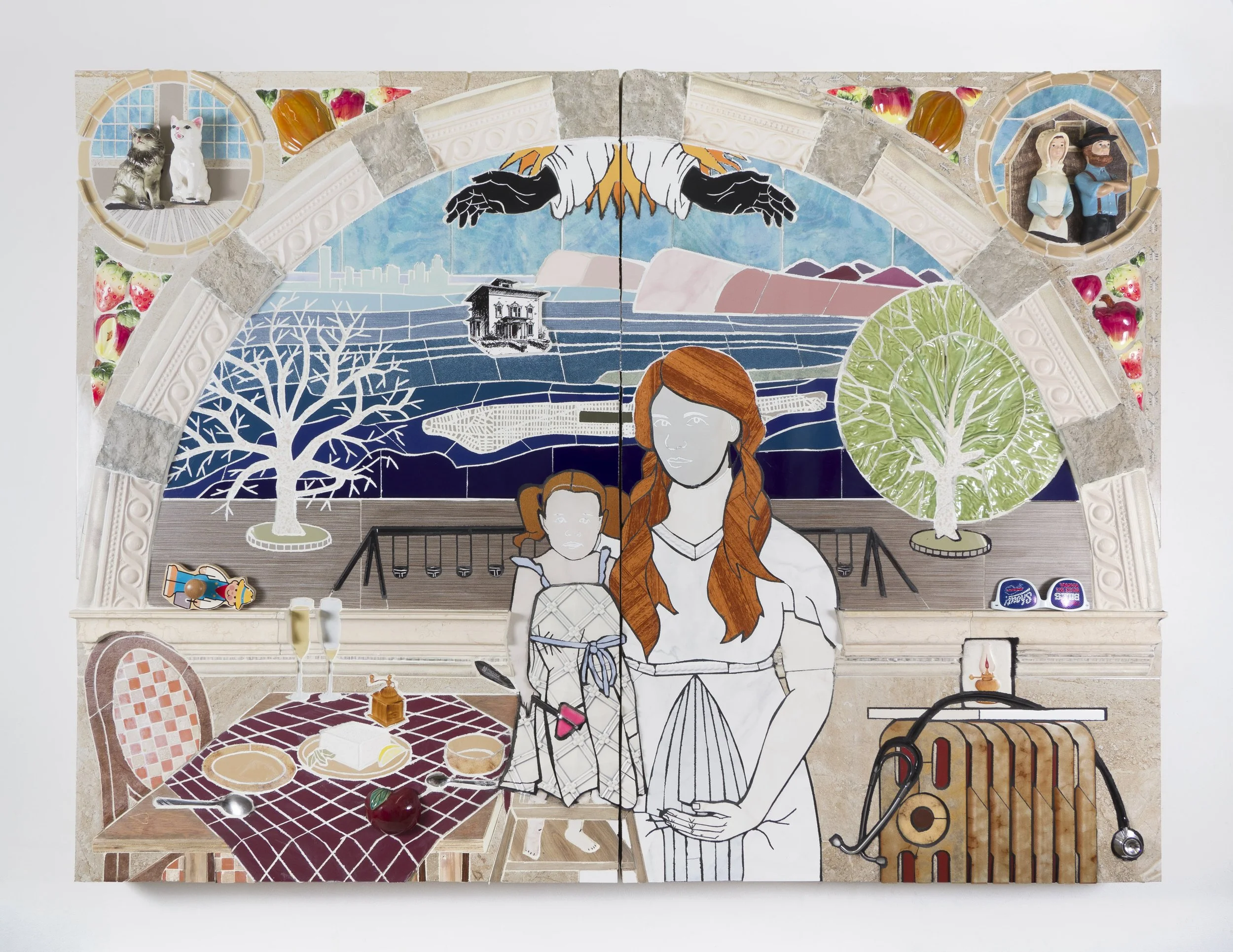 Mixed media artwork depicting a mother and daughter in a kitchen with a scenic window showing trees, mountains, and a body of water, surrounded by decorative objects including cat figurines, toys, and kitchen utensils.