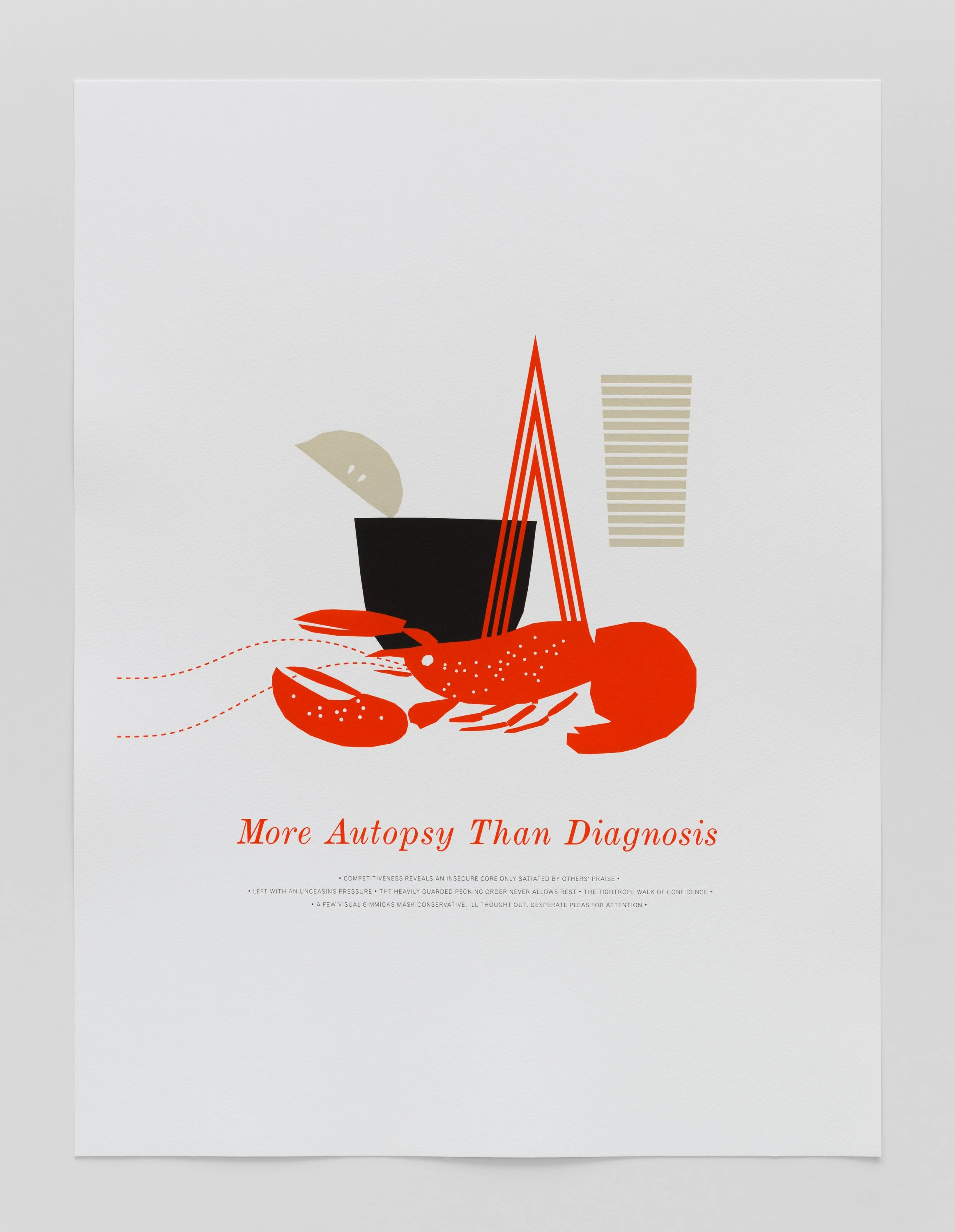 Modern art poster featuring a lobster, a black cup, and abstract shapes with the text 'More Autopsy Than Diagnosis' at the bottom.