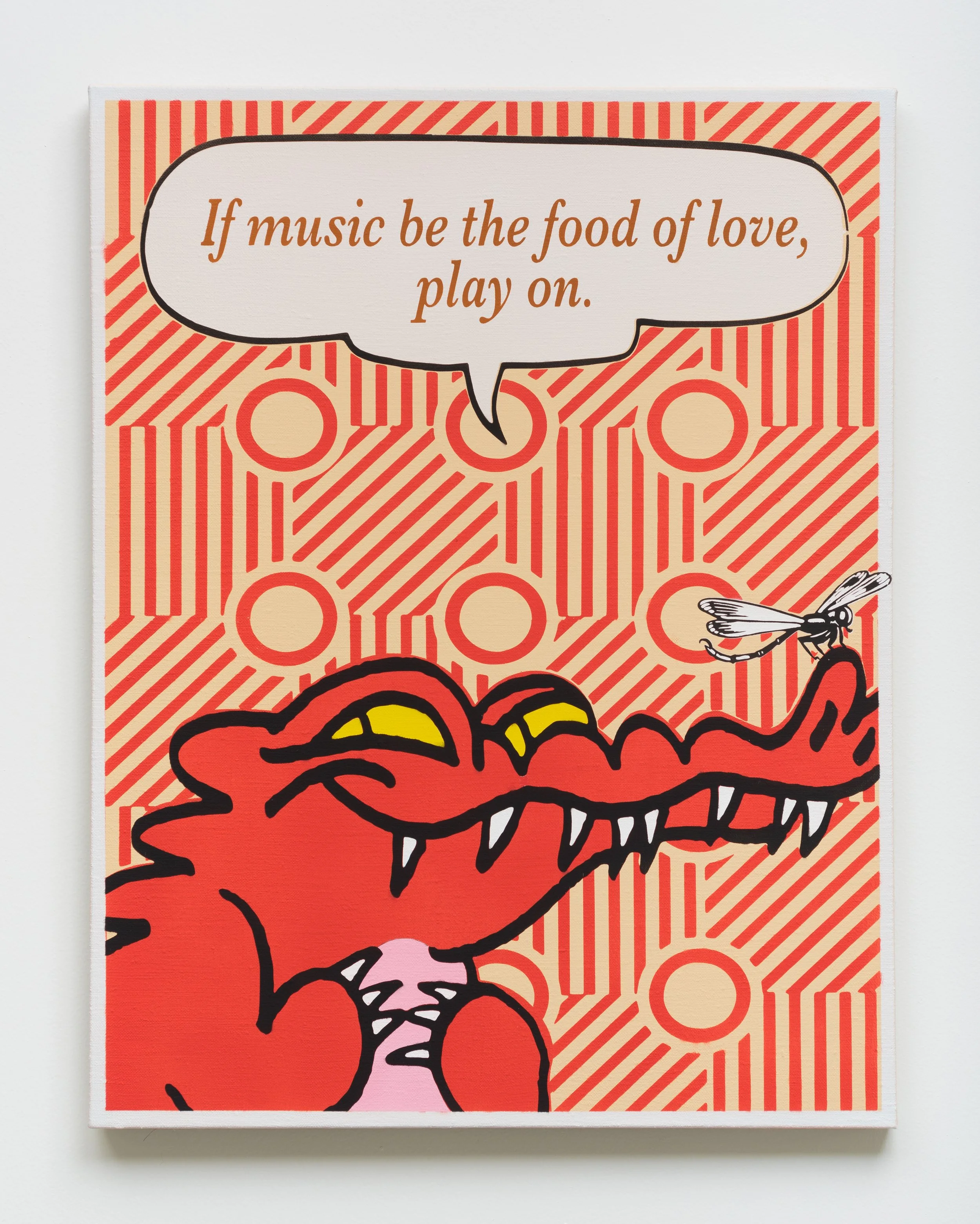 A cartoon illustration of a red crocodile with yellow eyes and sharp teeth, with a speech bubble that says, 'If music be the food of love, play on.' A dragonfly is flying near the crocodile's head, set against a background of red and beige geometric 