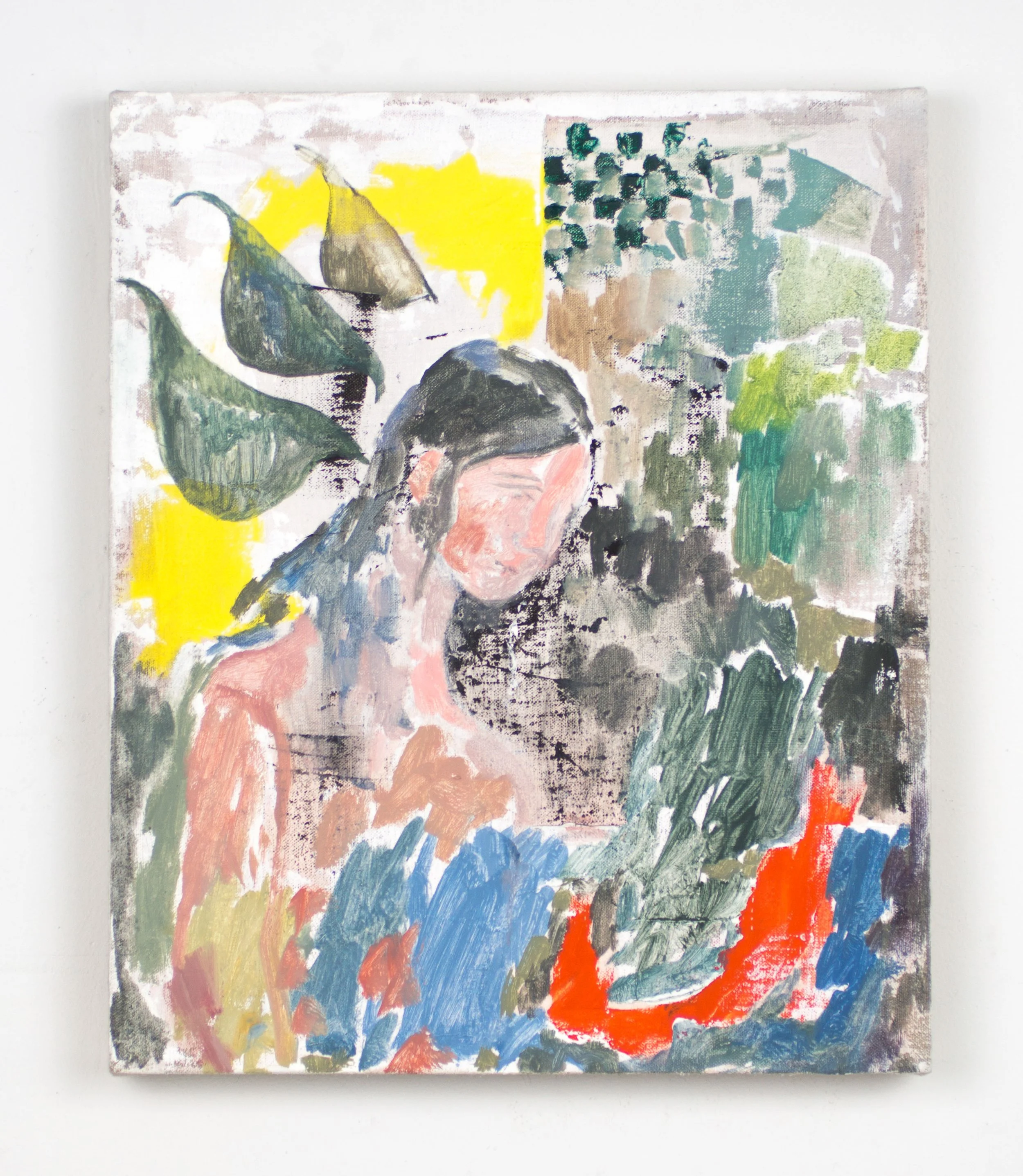 Abstract painting of a woman with dark hair surrounded by green leaves and vibrant colors, including yellow and orange, on a textured canvas.