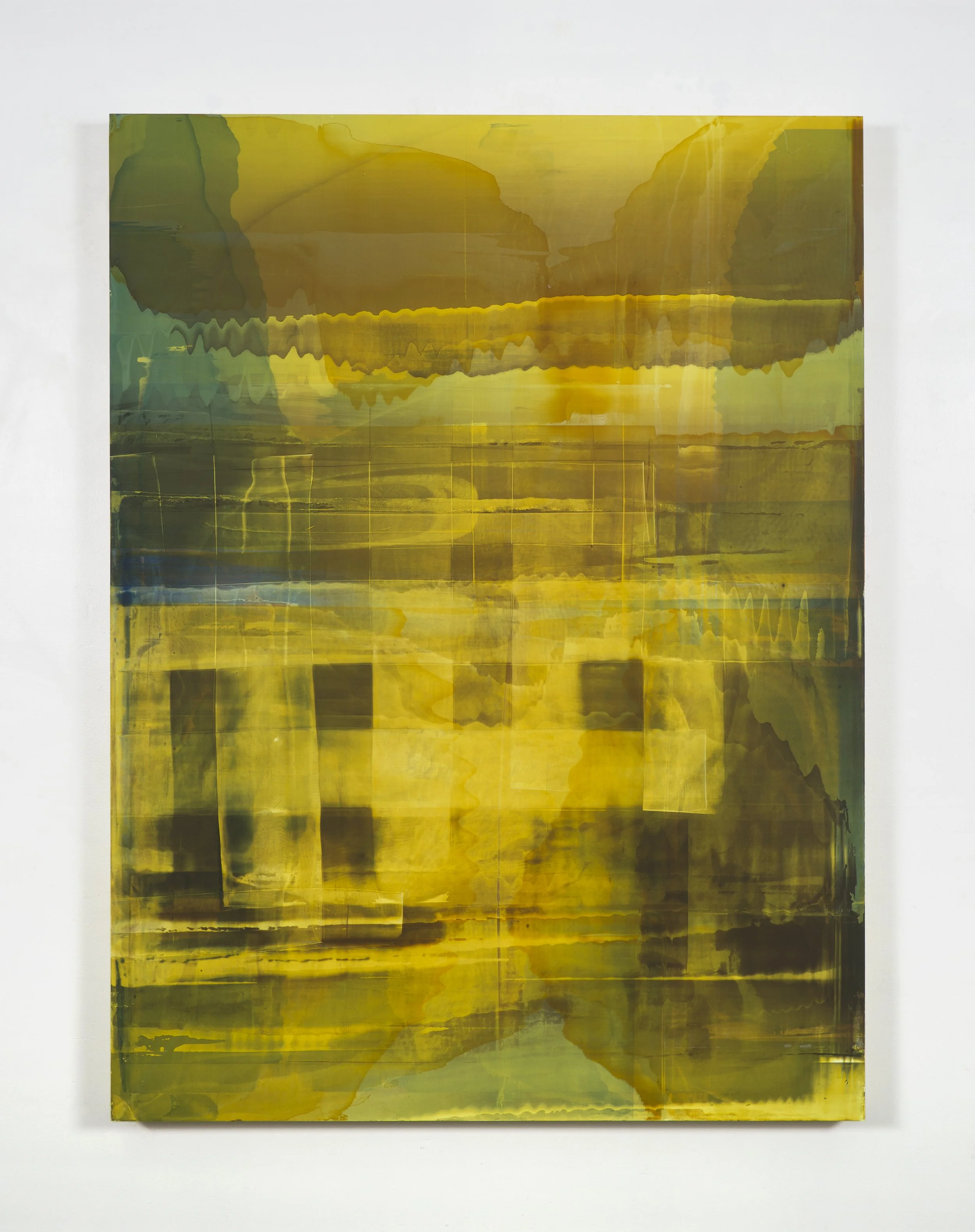 Abstract painting with shades of yellow, green, and brown, featuring layered and distorted patterns.