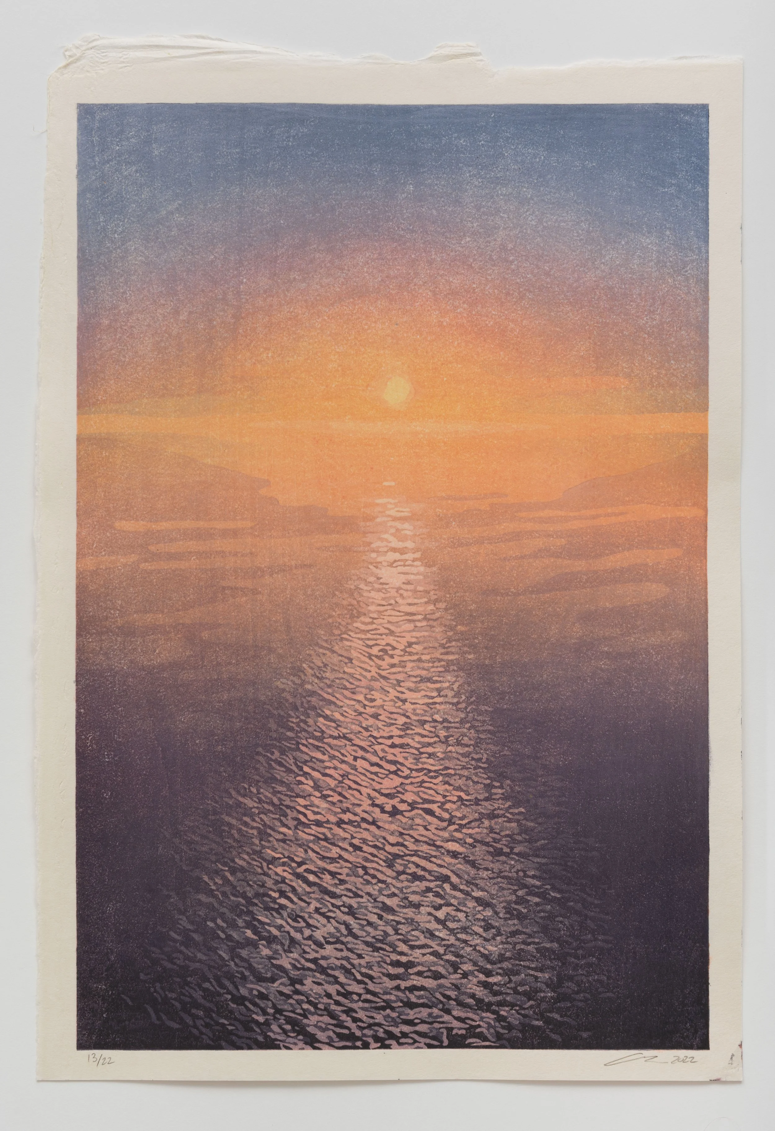 A watercolor painting of a sunset over the ocean, with the sun low on the horizon and reflecting light on the water.