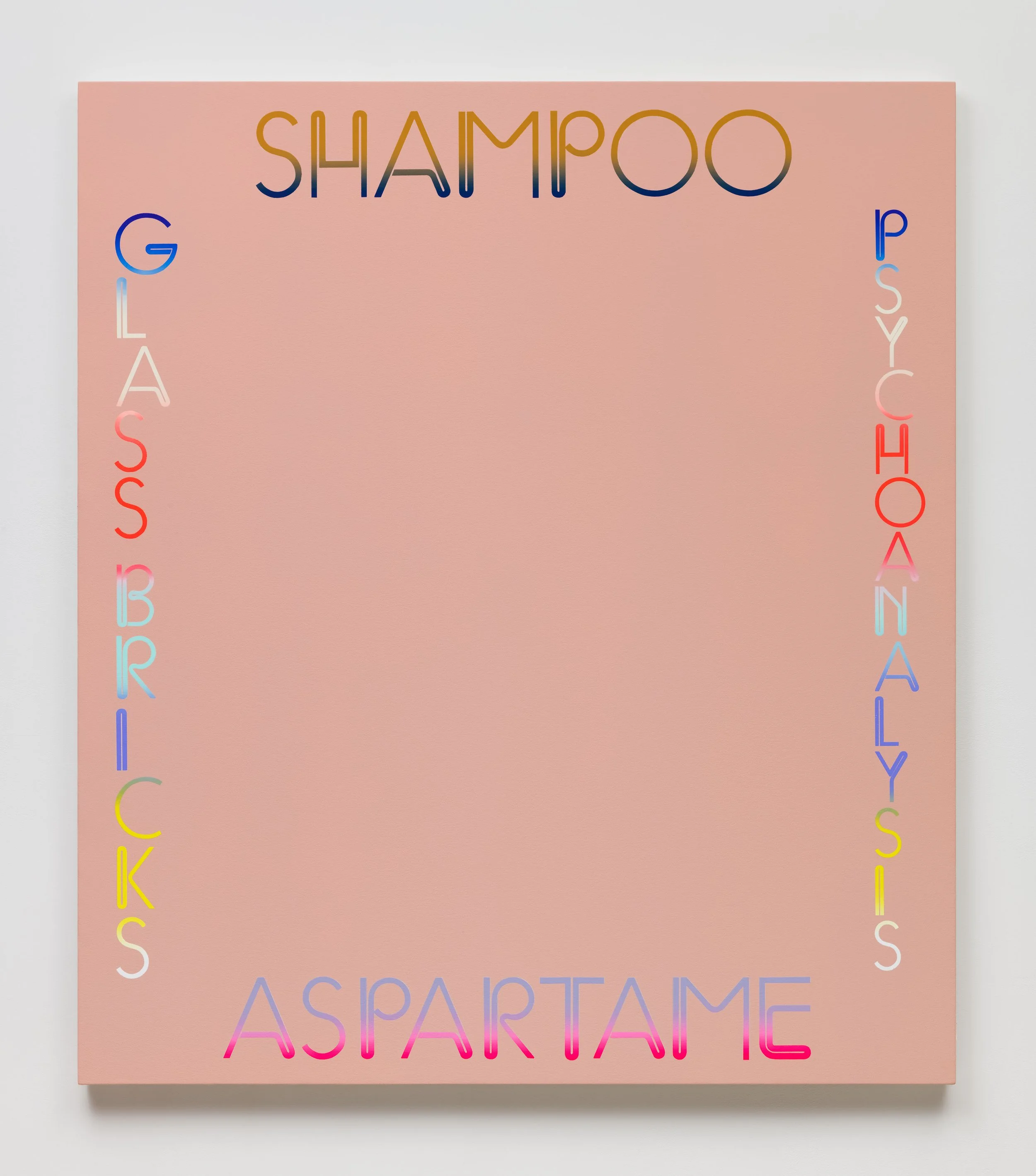 Pink poster with colorful neon-style text listing hair care products: Shampoo at top, Gliss S Series, Organic, and Natural Silks on the sides, and Aspartame at bottom.