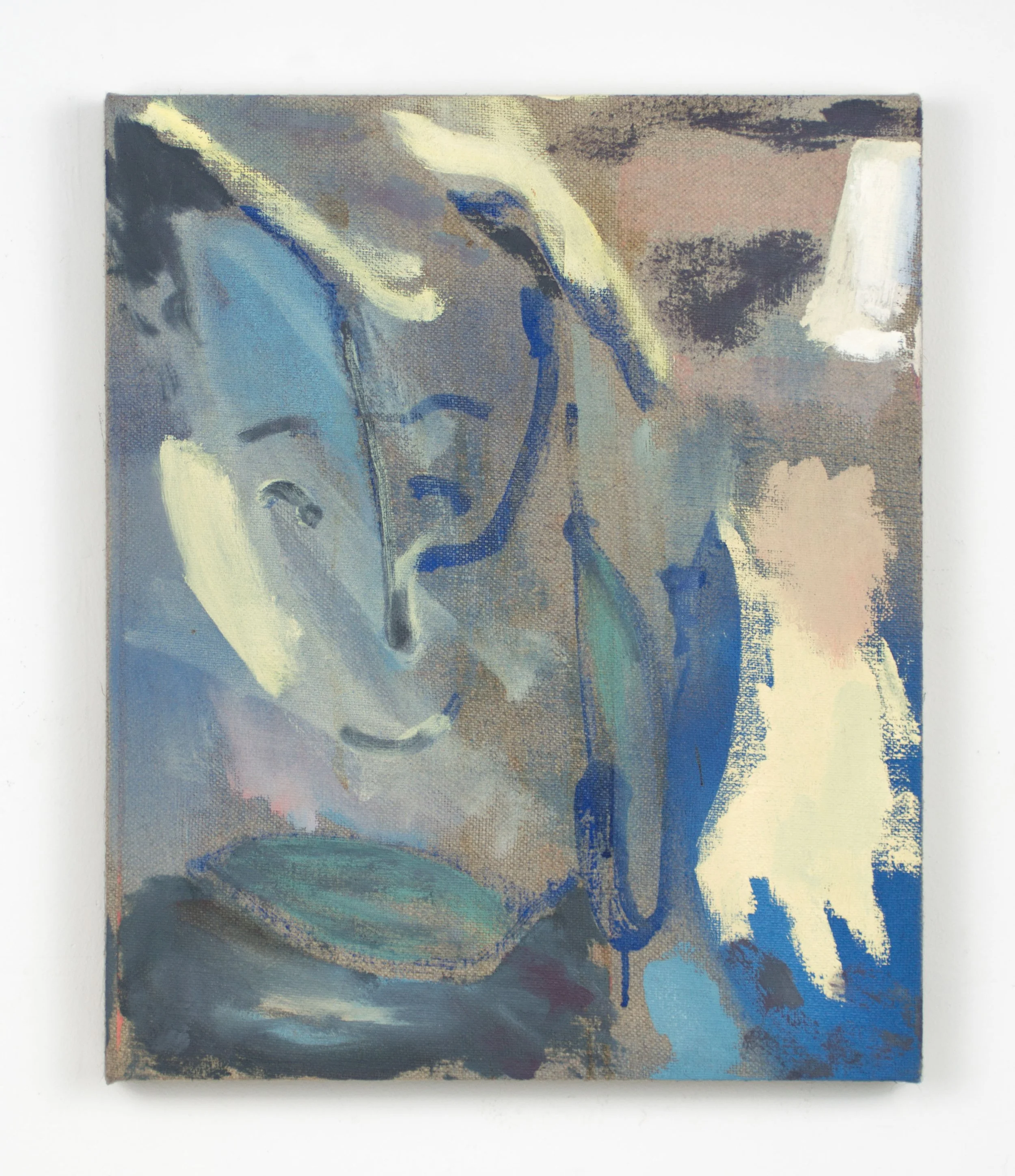 Abstract painting of a woman's face in shades of blue, white, and beige, with loose brushstrokes and textured appearance.