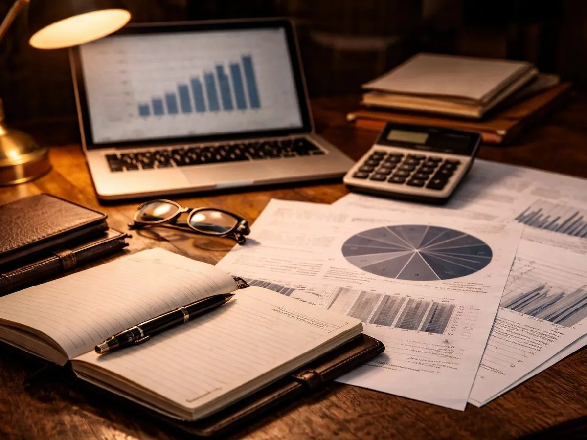 Desk with a laptop displaying a bar graph, calculator, glasses, open notebook with pen, stack of papers with charts, a closed notebook, and a desk lamp.