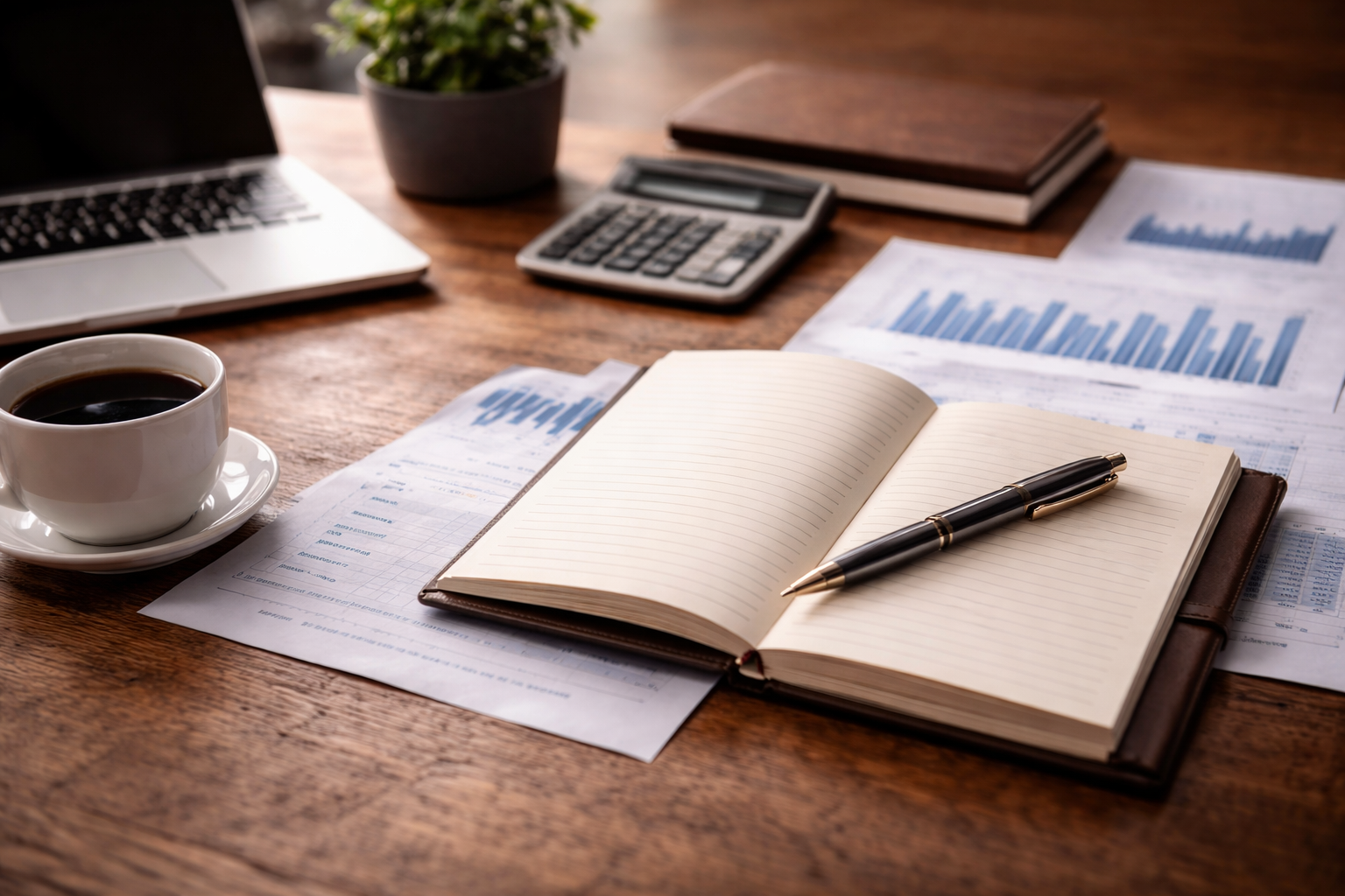 Workspace with financial documents, a cup of coffee, a notebook with a pen, a calculator, a laptop, a potted plant, and books on a wooden desk.