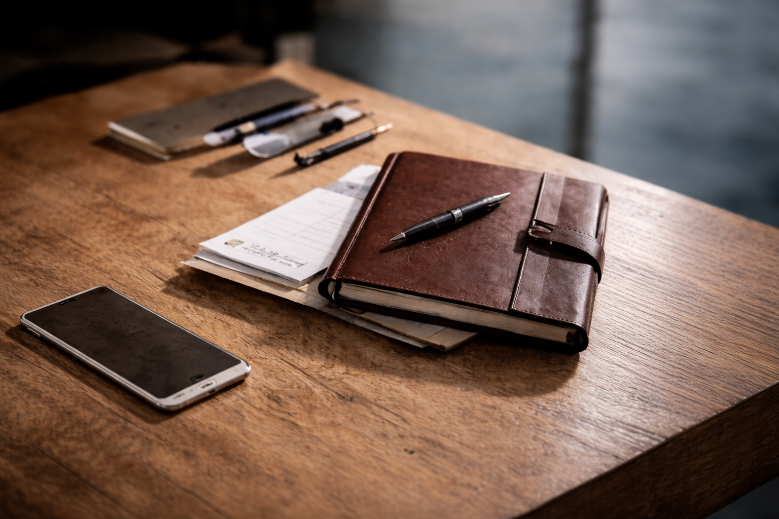 A wooden desk with a black and silver pen on a brown leather planner, an Android smartphone, a folded receipt, and a set of small tools or accessories on a metal tray.