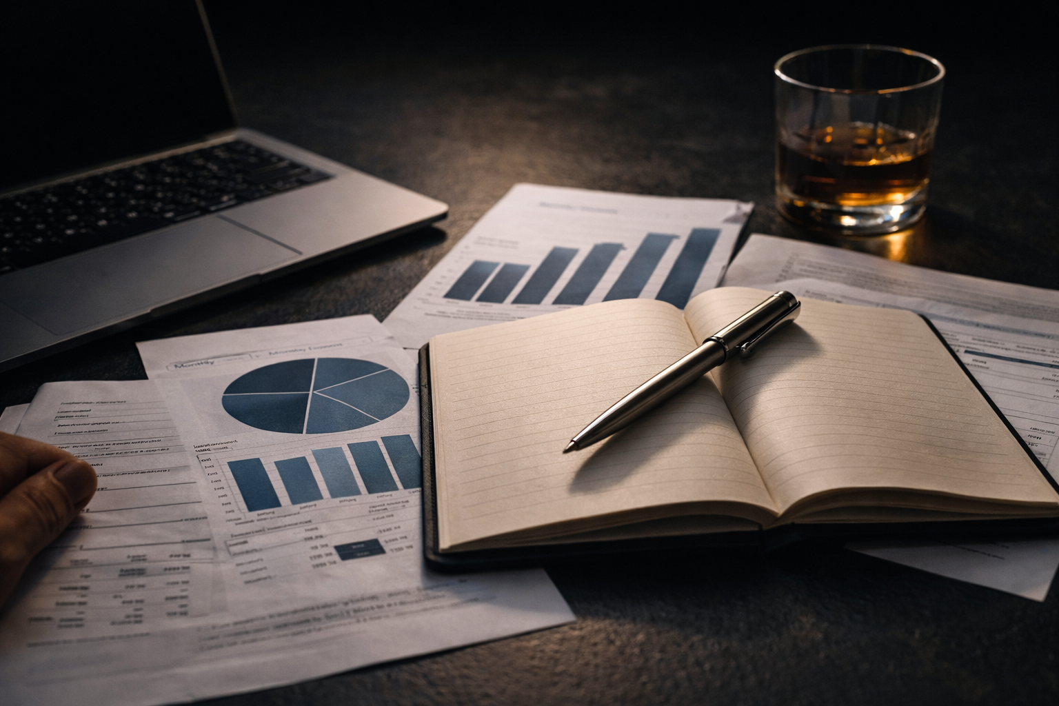 Work desk with financial documents displaying charts and graphs, an open notebook with a pen, a glass of whiskey, and a laptop.