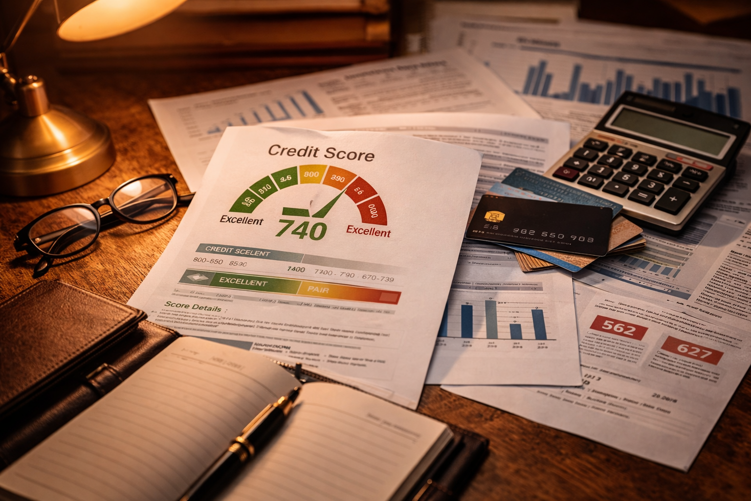 A financial workspace with documents showing a credit score of 740 marked as excellent, a calculator, credit cards, a pair of glasses, an open notebook, and a pen