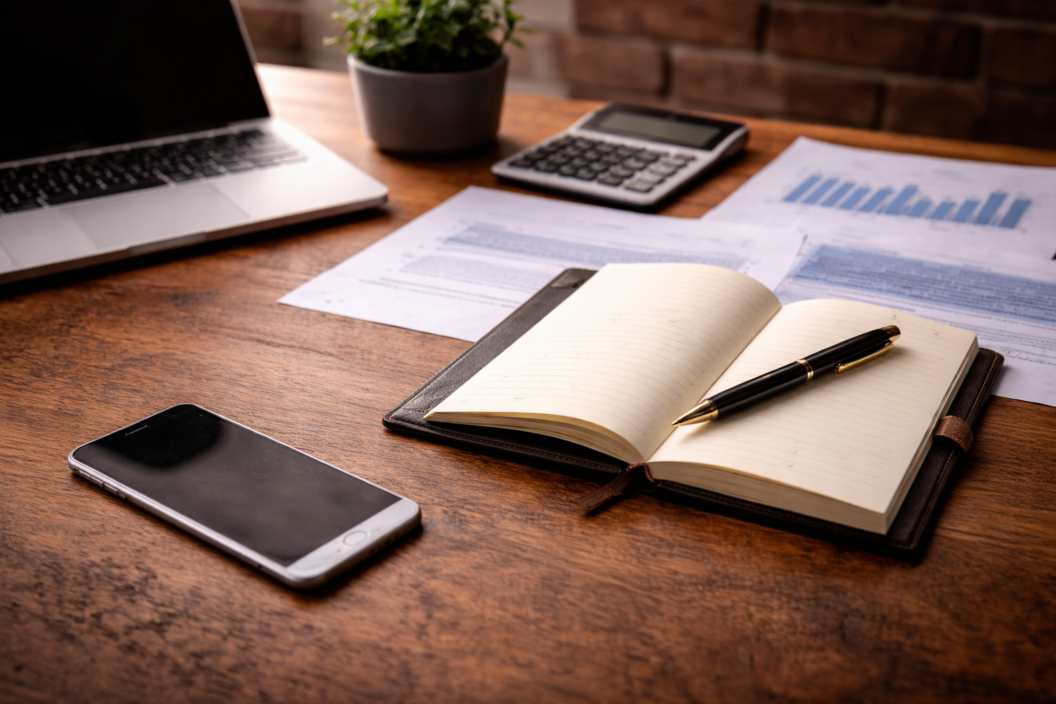 A laptop, a potted plant, a calculator, papers with charts, an open notebook with a pen, and a smartphone on a wooden desk.