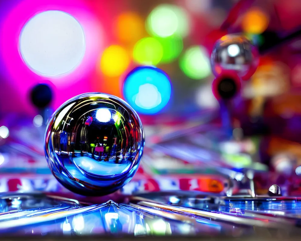 Close-up of a shiny silver pinball on a colorful, illuminated pinball machine.