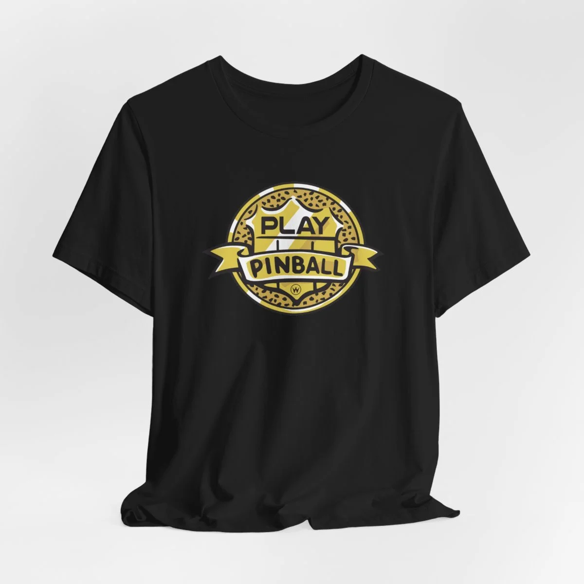 Black t-shirt with a yellow and black pinball graphic and the words "Play Pinball" on the front.