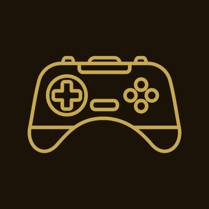 Gold line art icon of a video game controller on a dark brown background