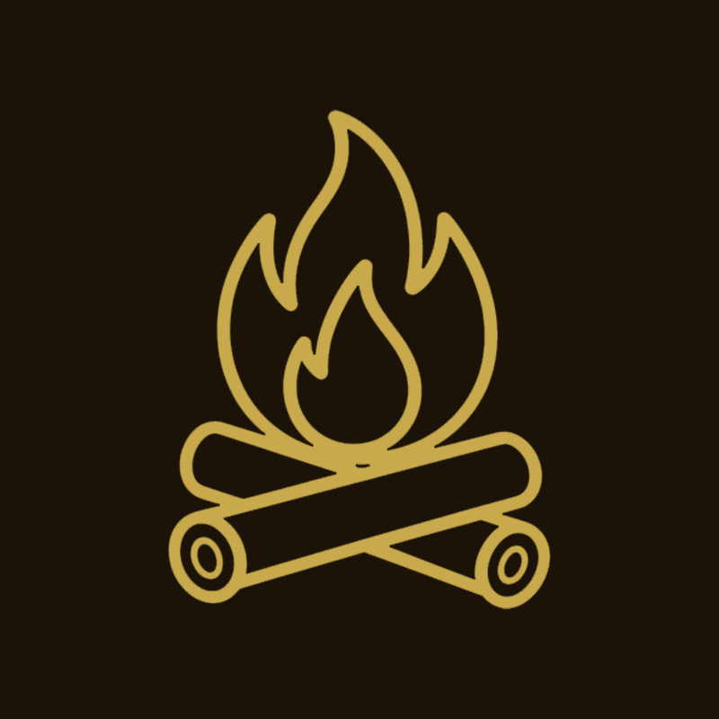 Gold line art icon of a campfire with crossed logs on a dark brown background
